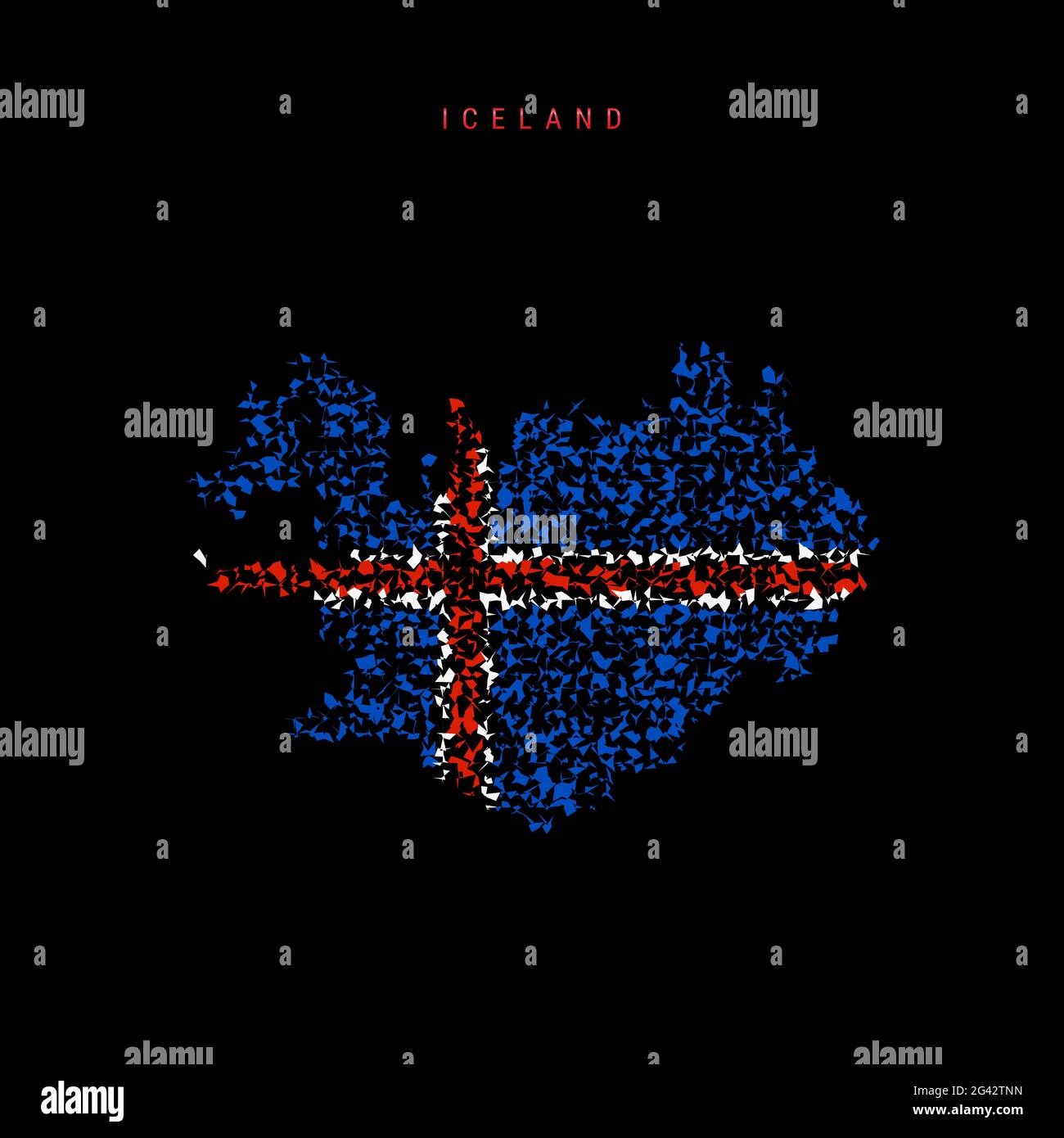 Island-Flaggenkarte, chaotisches Partikelmuster in den Farben der isländischen Flagge. Illustration isoliert auf schwarzem Hintergrund. Stockfoto