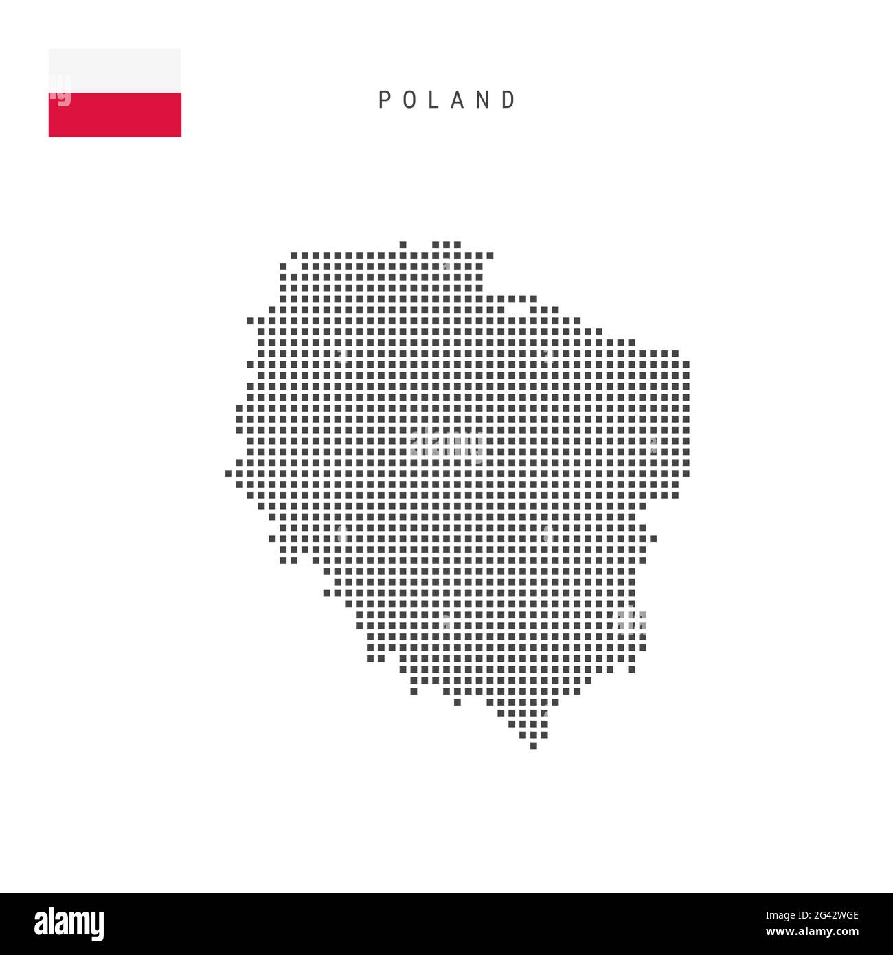 Karte mit quadratischen Punkten von Polen. Polnische gepunktete Pixelkarte mit Nationalflagge isoliert auf weißem Hintergrund. Illustration. Stockfoto