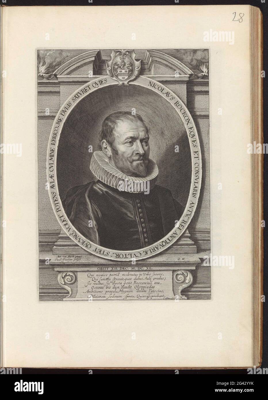 Porträt von Nikolaas Rockox; ICONES Principum Vivorum Doctor Pictation Chalcogragraphorum Statuario NEC Non Amatorum Pictaniae Artis Numero Centum ab Antonio von Dyck Pictory Ad Vivum Expressae Eiusq: Sumptibus Aeri Incisae; Iconographie. Porträt von Nikolaas Rockox Jr., Bürgermeister von Antwerpen, im Alter von 79 Jahren. Das Porträt wurde mit seinem Wappen ausgezeichnet. Im Rahmen der Piewasher eine sechs-Zeilen vorhergesagt Position in Latein. Dieser Druck ist Teil eines Albums. Stockfoto
