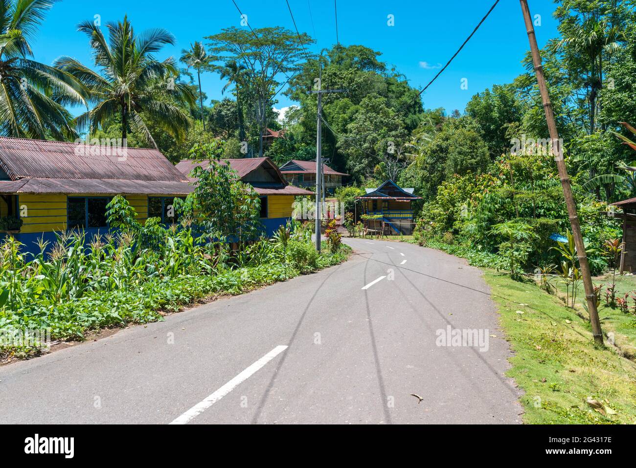 Lineares Dorf in den Bergen von Tana Toraja Stockfoto