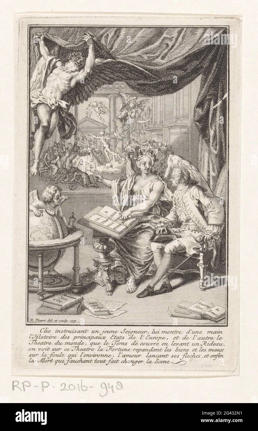 Allegorische Show mit Clio; Titelseite für: S. von Pufendorf, Introduction A l'Histoire Generale et Politique de l'Univers, 1732. Ein junger Edelmann ist neben Clio, der Muse der Geschichte. Mit der linken Hand zeigt sie auf ein Buch über die Geschichte Europas. Mit der anderen Hand zeigt sie auf die Szene im Hintergrund. Fortuna, Liebe und Tod fliegen über einer überschwänglichen Menge. Am Rand eine sechszeilige Beschriftung auf Französisch. Stockfoto