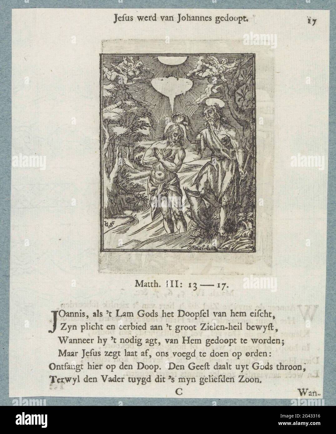 Taufe Christi; Jesus wurde von Johannes getauft. Christus wird von Johannes dem Täufer im Jordaan getauft. Oben ursprünglich der Heilige Geist in Form einer Taube. Engel beobachten vom Himmel. Über dem einen Titel anzeigen. Es gibt sechs neue Regeln und einen Verweis auf Matthäus 3: 13-17. Der Druck ist Teil eines Albums. Stockfoto