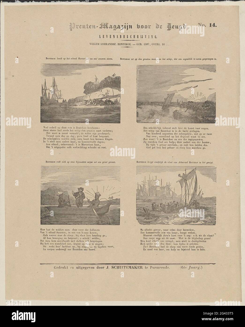 Willem IJsbrandsz. Gefleckte Kuh. - Geb. 1587, ONL. 16 (...); Drucklager für die Jugend; Lebensbeschreibung. Leaf mit 4 Aufführungen aus dem Leben von Willem Ysbrantsz. Gefleckte Kuh. Über jedem Bild ein Titel, unter jedem Bild ein achtzeiliger Vers. Rechts oben nummeriert: Nr. 14. Stockfoto