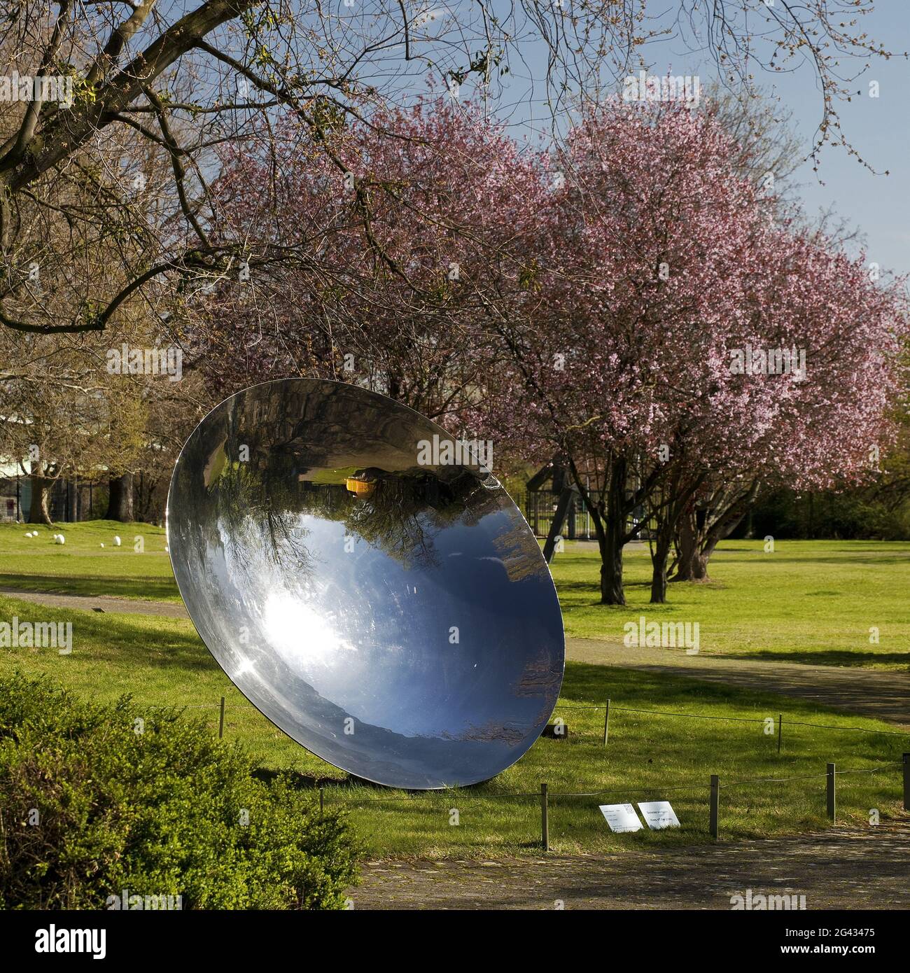 Skulpturengarten im Frühjahr mit einem Kunstwerk aus poliertem Stahl, Anish Kapoor, Köln, Deutschland Stockfoto