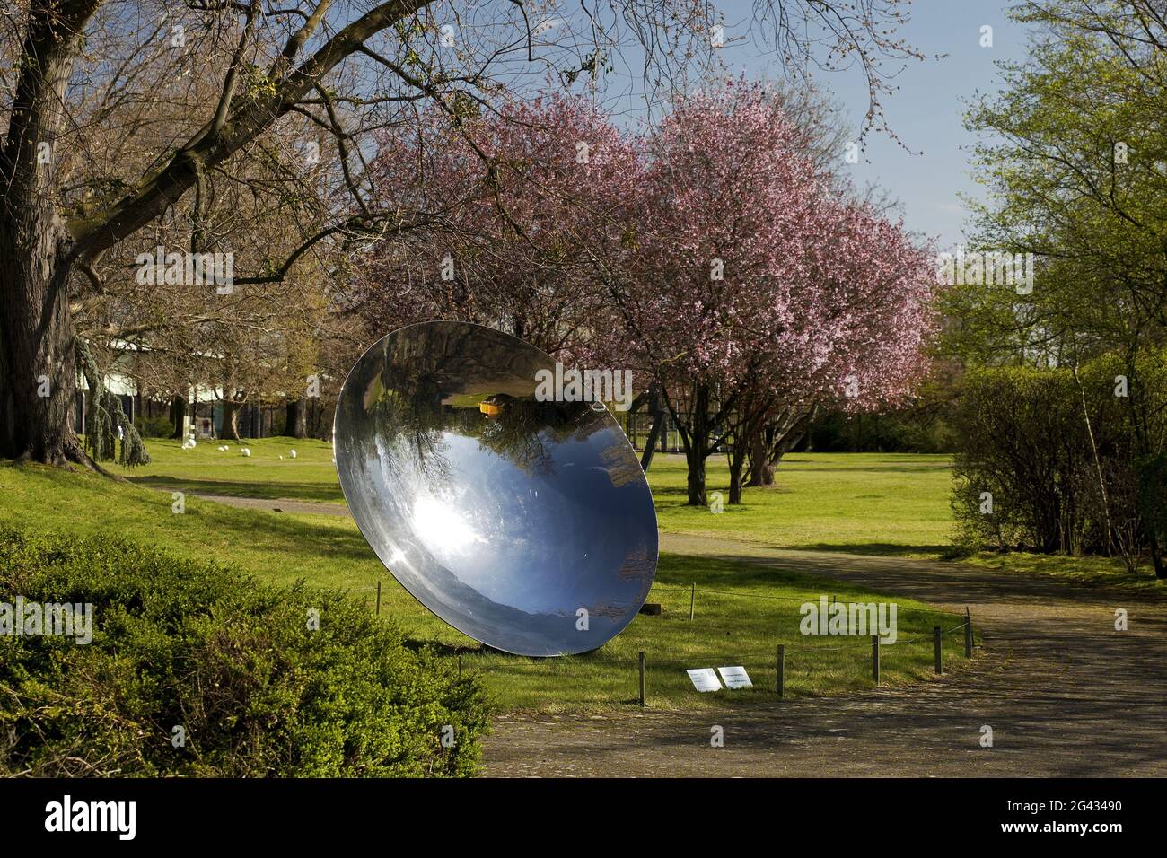 Skulpturengarten im Frühjahr mit einem Kunstwerk aus poliertem Stahl, Anish Kapoor, Köln, Deutschland Stockfoto