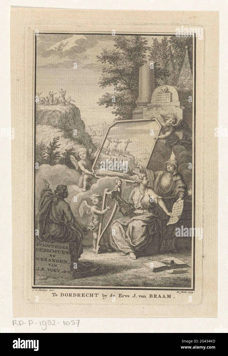 Allegorische Performance mit Hoffnung, Frau mit Winde und Glaube; Titelseite für: Johannes Euseubius Foot, Stichtellyke Poems and Songs, 1754. Hope mit Anker sitzt auf einem Stein mit Buchtitel gegenüber einem Bild des Mount Golgota von Putti gehalten. Das Bild ist eine Frau mit Winde und Flügeln auf dem Kopf. Neben ihr steht ein Putto mit Harfe und Glauben. Im Hintergrund Christus 'Himmelfahrt. Stockfoto
