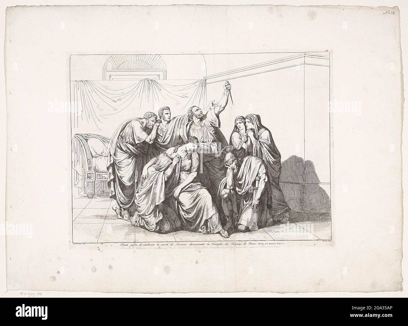 Suizid von Lucretia; Gross Giura di Vendicare La Morte di Lucrezia Discacciando La Famniglia dei Tarquini da Roma; Geschichte des Römischen Reiches; Frontespizio della Iistantia Romana. Brutus und andere Männer und Frauen sind um die Leiche von Lucretia herum, die gerade Selbstmord begangen hat. Brutus schwört auf ihren Tod. Stockfoto