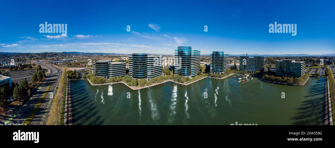 Luftaufnahme des Oracle Corporate Headquarters, Redwood City, Kalifornien, USA Stockfoto