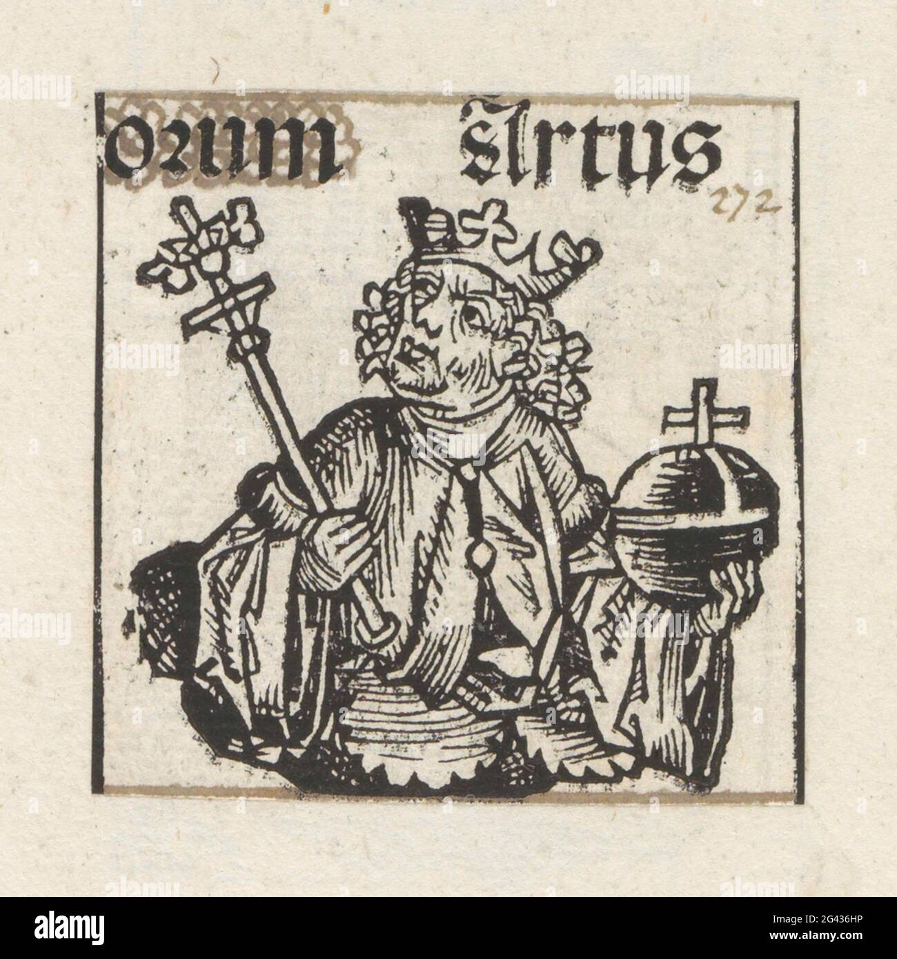 König Artus; Artus; Liber chronicarum. Ein Blütenkelch, in dem ein König mit Zepter und reichem Apfel links nach oben schaut. Der Text identifiziert ihn als den assyrischen König artus. Die Show ist Teil der Sequenz assyrischer Könige im Liber Chronicarum. Der Druck ist Teil eines Albums. Stockfoto