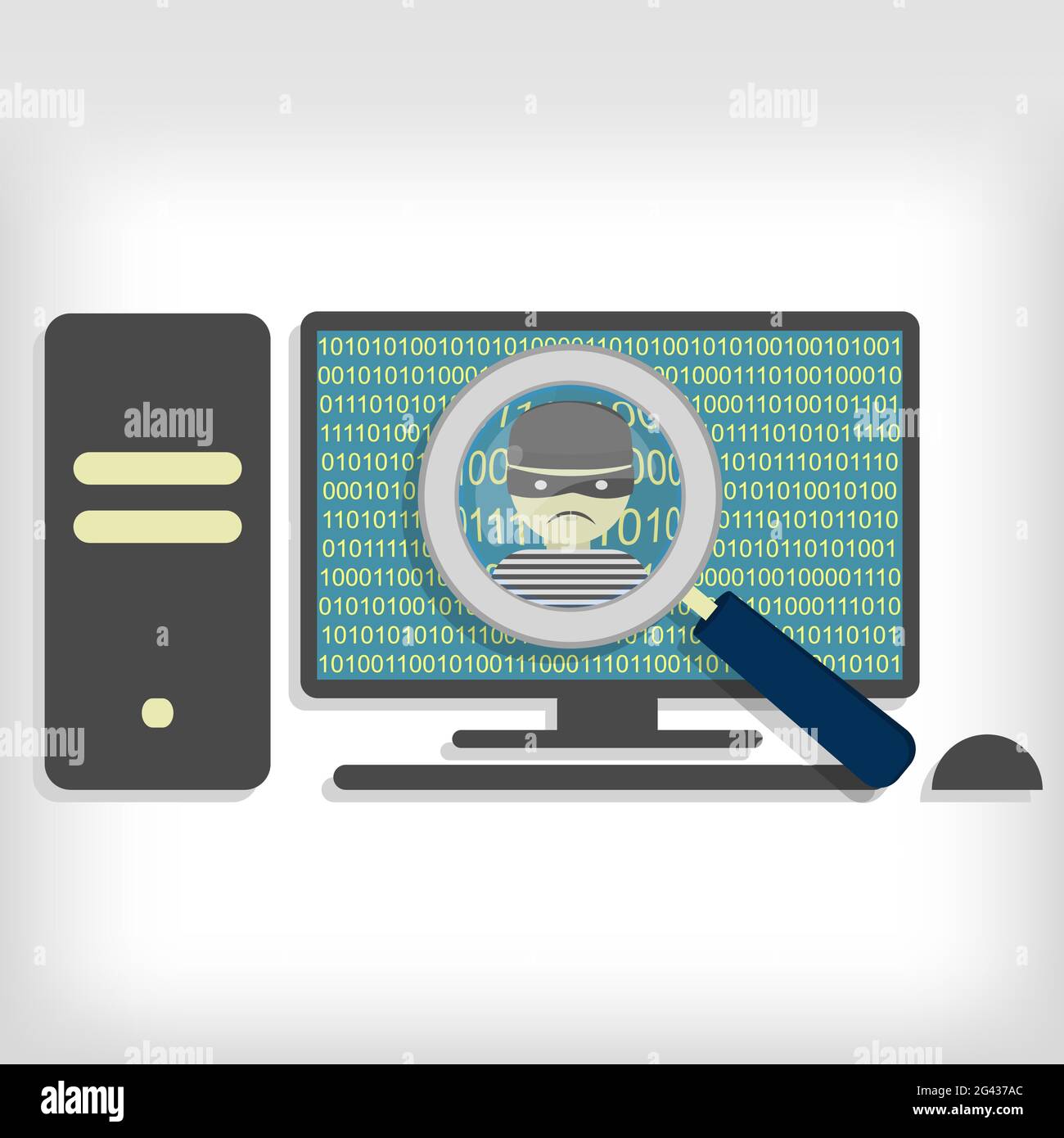 Eine Lupe hat einen Hacker (Dieb) auf dem pc entdeckt Stock Vektor