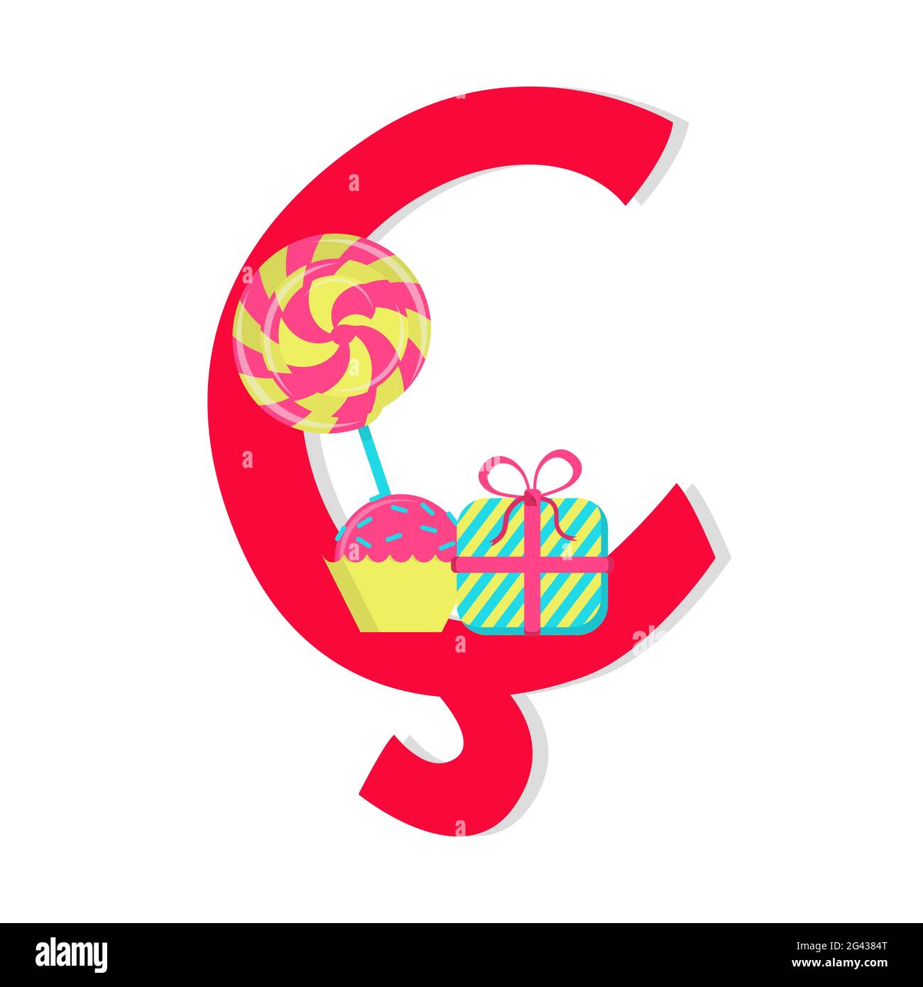 Buchstabe 'Cedilla' aus stilisiertem Alphabet mit Bonbons: lollipop, süßes Geschenk, brigadeiro . Weißer Hintergrund. Stock Vektor