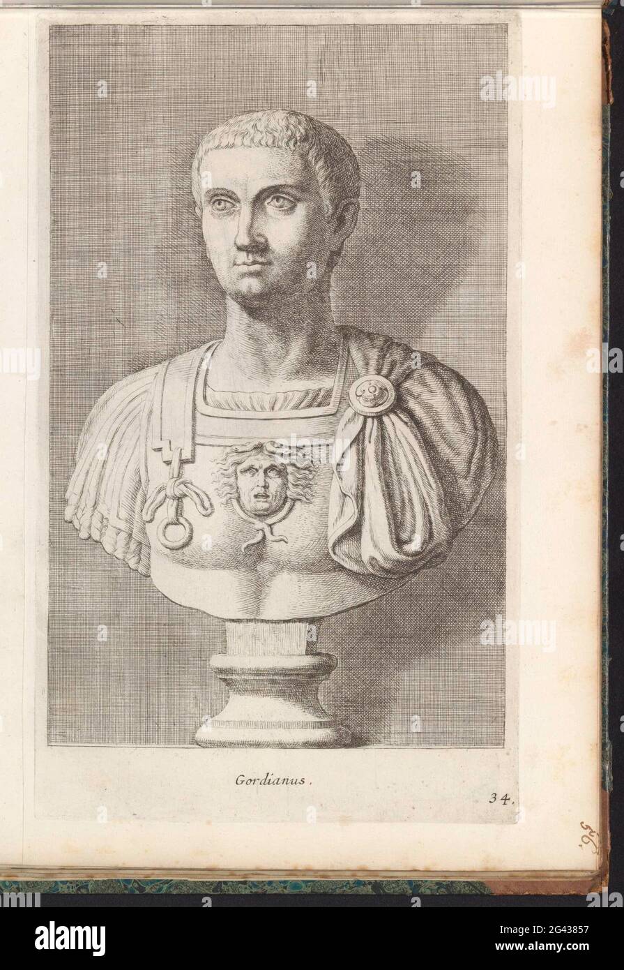 Büste von Kaiser Gordianus III.; Gordian. Klassische Büste eines Mannes. Er trägt ein Brustgeschirr mit dem Kopf von Medusa. Der Druck ist Teil eines Albums mit einer Reihe von Drucken zu den Skulpturen aus der Sammlung von Gerard Reynst. Stockfoto