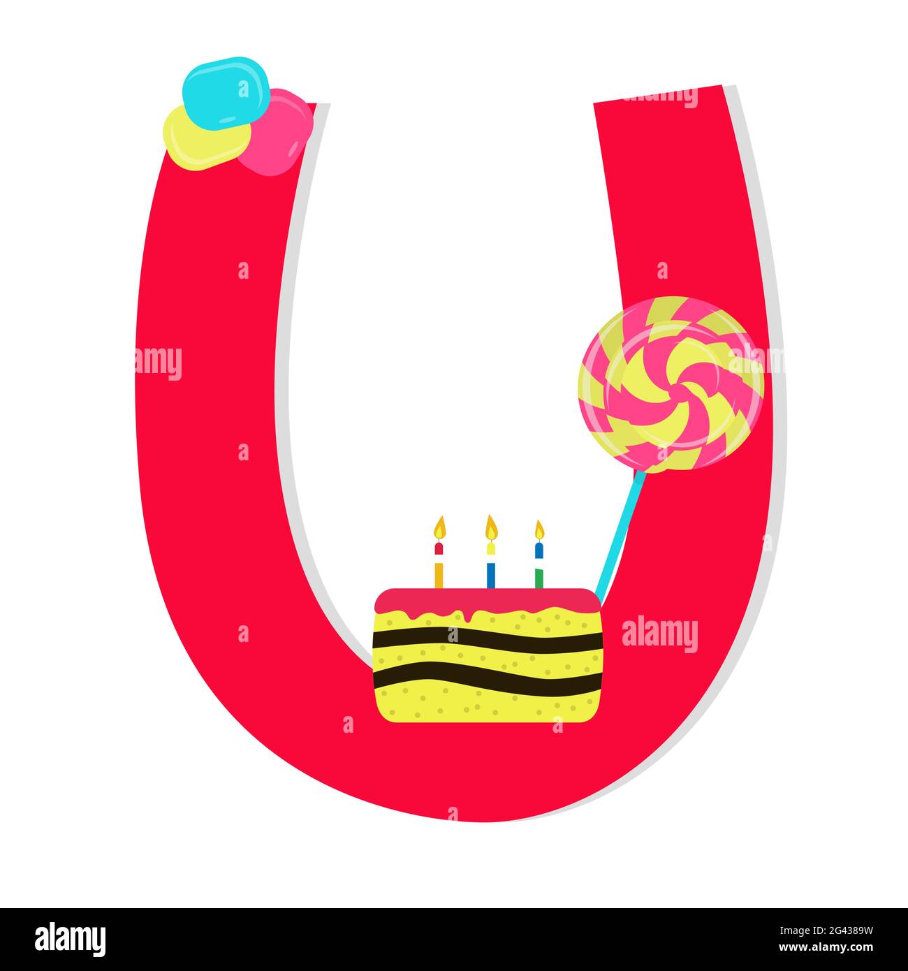 Buchstabe 'U' aus stilisiertem Alphabet mit Bonbons: lollipop, Süßigkeiten,  Geburtstagskuchen. Weißer Hintergrund Stock-Vektorgrafik - Alamy
