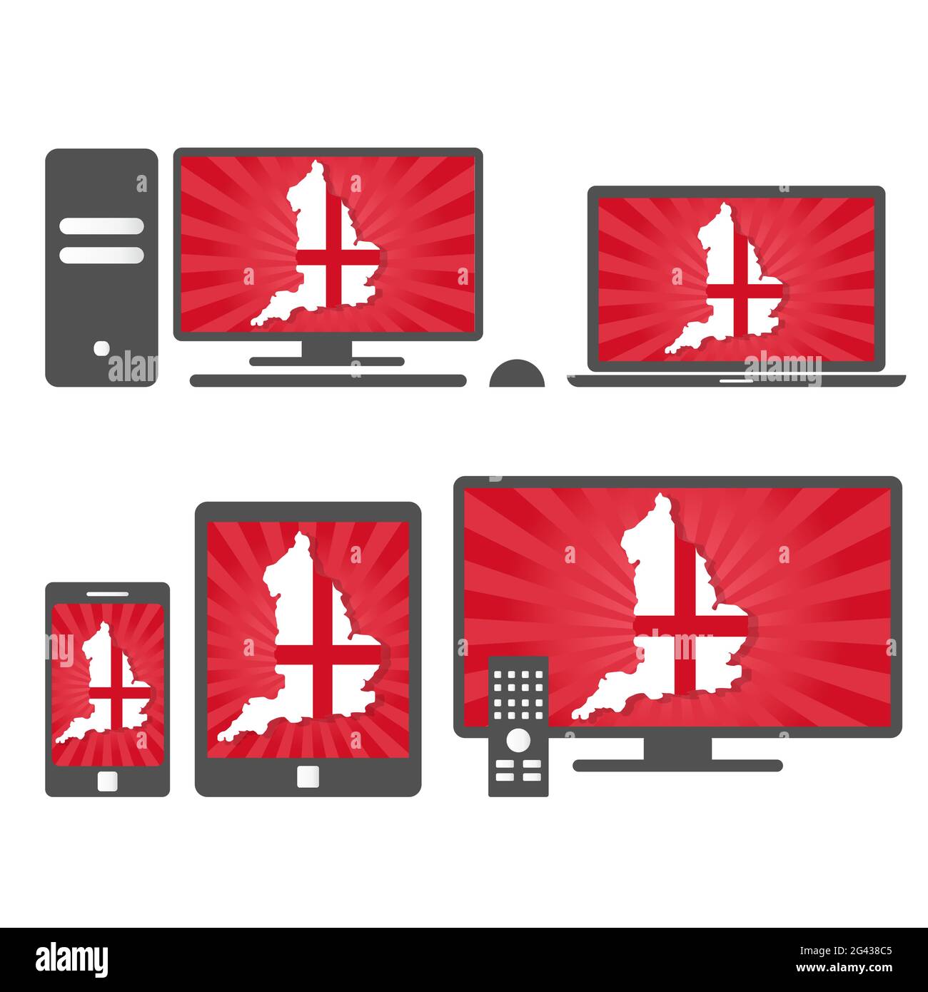 Viele Gerätemedien (Tablet, pc, Handy, Laptop, Smart tv) mit der Karte und Flagge Englands Stock Vektor