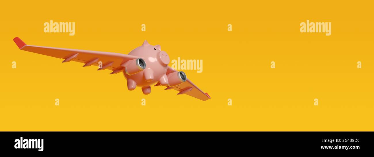 Sparschwein mit Flugflügeln, die auf gelbem Hintergrund mit Kopierraum fliegen. 3d-Illustration. Stockfoto