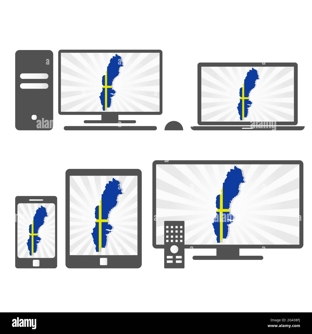 Viele Gerätemedien (Tablet, pc, Handy, Laptop, Smart tv) mit der Karte und Flagge Schwedens. Stock Vektor