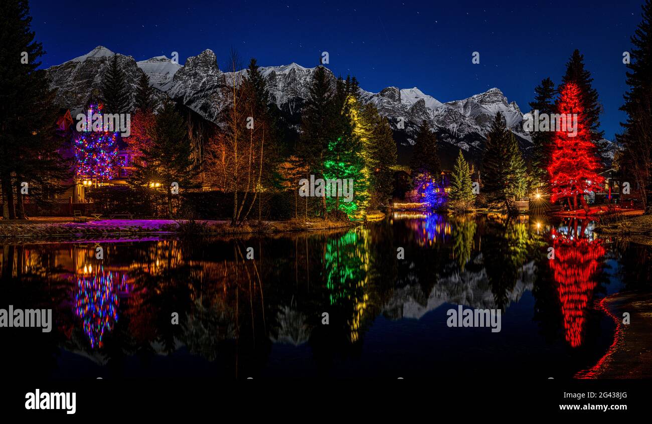 Bäume mit weihnachtlichen Lichtern am Flussufer bei Nacht, Alberta, Kanada Stockfoto