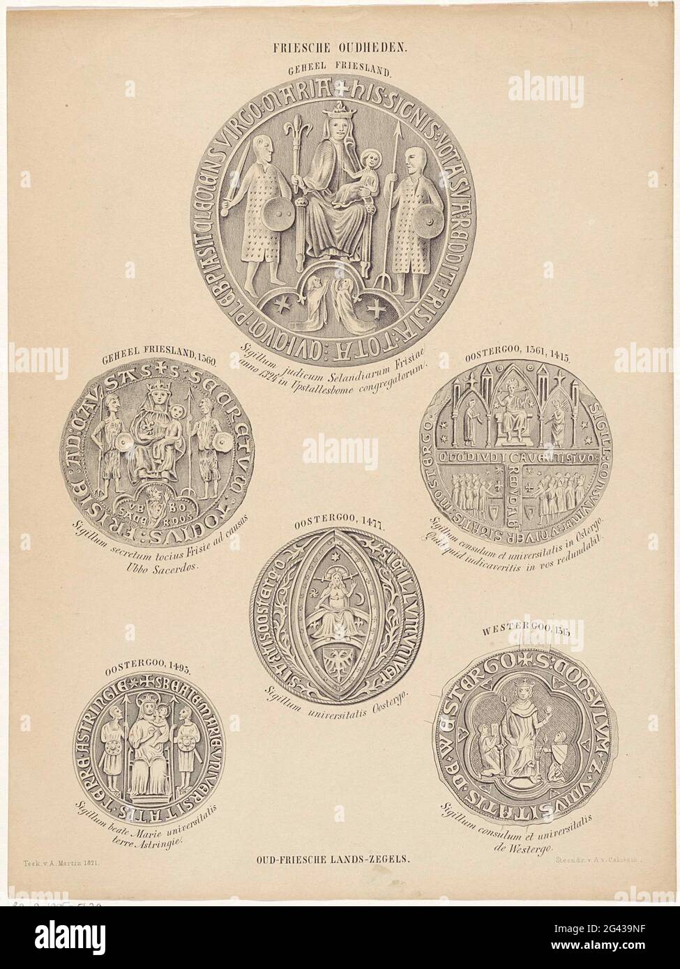 Oud friesische Briefmarken; Oud-Friesche Länder-Briefmarken .. Abgebildet sind ein großer und fünf kleinere Stempel. Jedes Siegel gibt an, zu welchem Teil Frieslands es gehört. Auf allen Siegeln ist eine Trunkenfigur und der Rand ist mit Text verziert. Auf dem obersten und größten Siegel steht ein Thron Maria mit Christus in ihrem Schoß. Links und rechts von ihrem Wildemannen mit Schild und Schwert oder Speer. Stockfoto