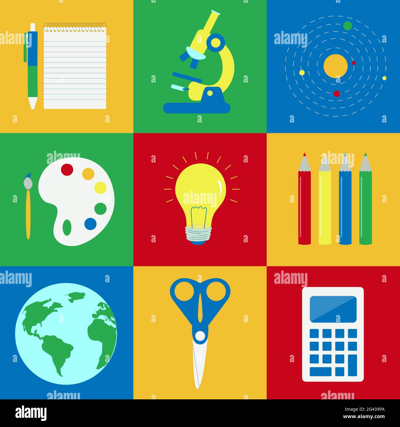 Neun bunte Objekte im Zusammenhang mit Bildung: Notebook, Mikroskop, Atome, Malerei, Idee, Buntstifte, Kugel, Schere, Taschenrechner Stock Vektor