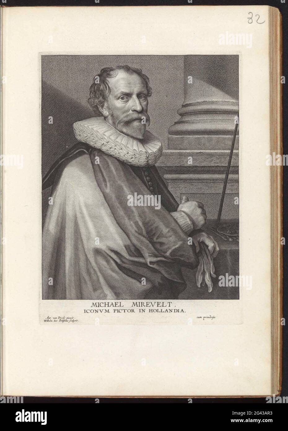 Porträt von Michiel Jansz. Van Mierevelt; ICONES Principum Vivorum Doctor Pictation Chalcographorum Statuario NEC Non Amatorum Pictaniae Artis Numero Centum ab Antonio von Dyck Pictory Ad Vivum Expressae Eiusq: Sumptibus Aeri Incisae; Iconographie. Porträt des Malers Michiel Jansz. Van Mierevelt, in seinen Händen ein paar Handschuhe. Auf dem Tisch eine Malpalette, Pinsel und Malstock. Dieser Druck ist Teil eines Albums. Stockfoto