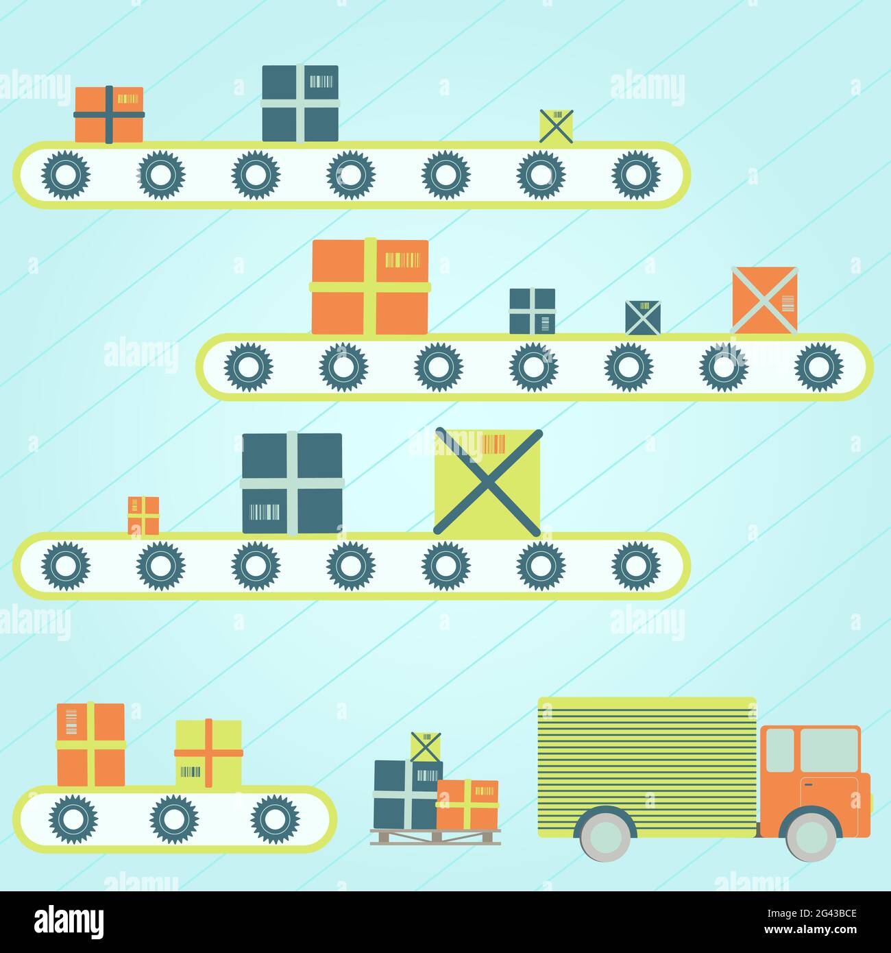 Pakete auf einem Förderband. LKW-Lieferung. Stock Vektor