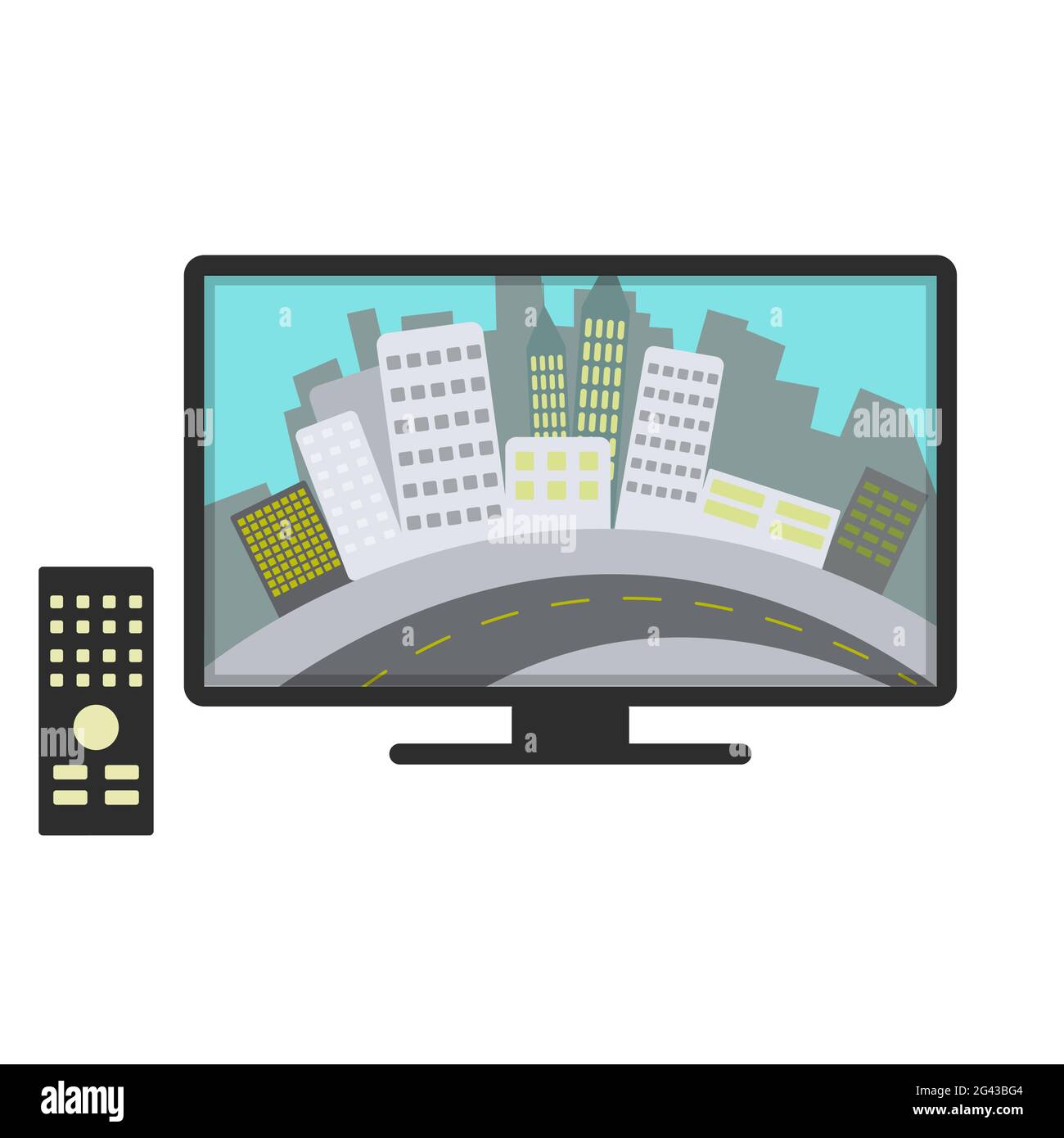 TV-Sender zeigt eine Stadt an. Weißer Hintergrund. Isoliert. Stock Vektor