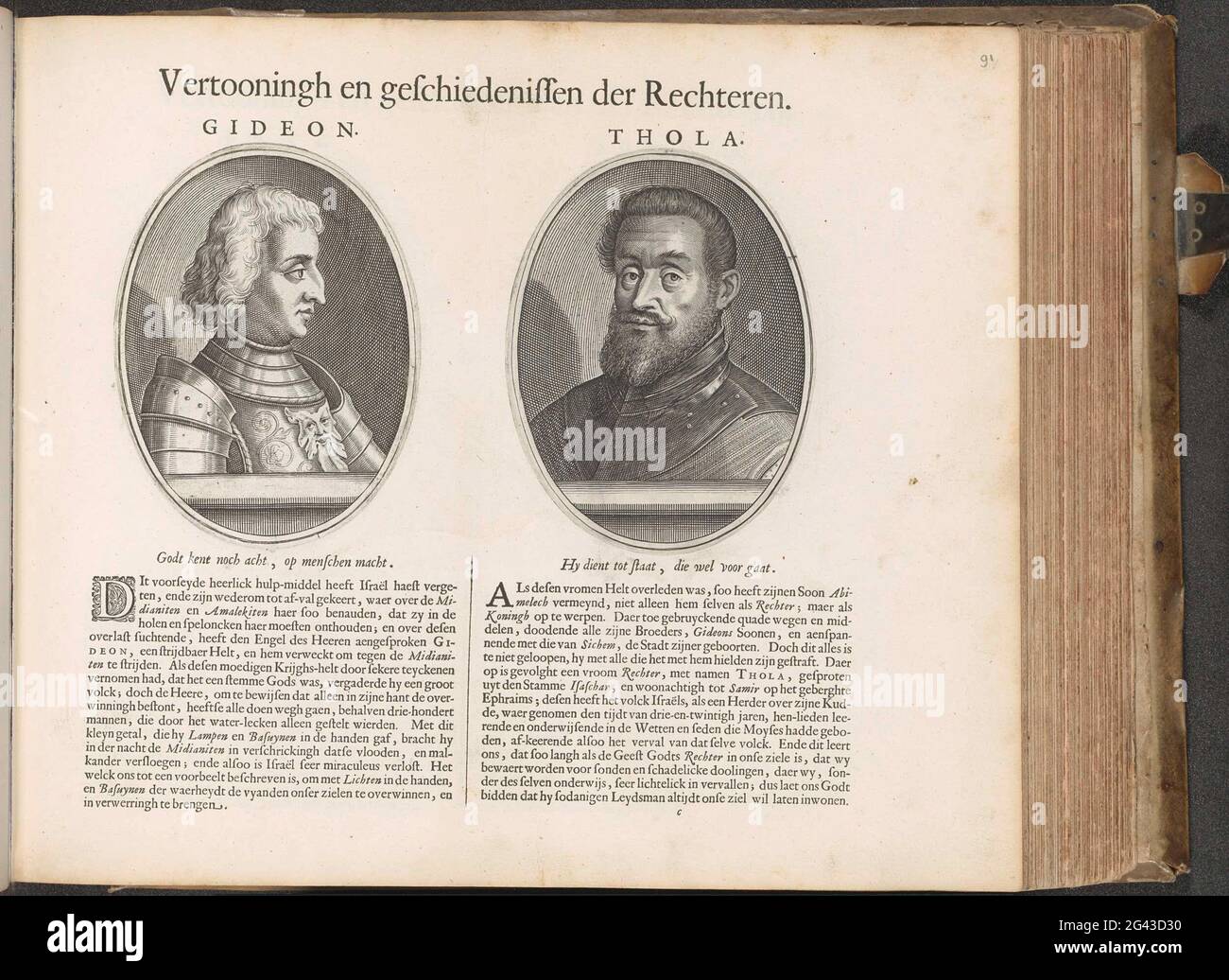 Porträts der Richter Gideon und Tola; Bezirk und Geschichte der Bühne; Den Grooten Emblemata Sacra, bestehend aus mehr als vierhundert von Belsche Figuren, so des alten wie des Nieuwen Testaments. Porträts von Ludovico Sforza und Georg Basta, die in diesem Album als Bilder von Gideon bzw. Tola verwendet wurden, zwei alttestamentliche Richter. Der Begleittext beginnt mit einer kleinen dekorierten Initiale D. das Magazin ist Teil eines Albums. Stockfoto