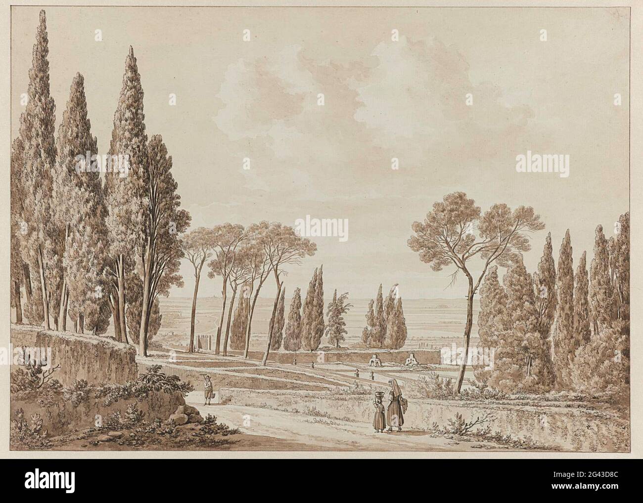 Blick auf die Terrassen der Villa d’Este in Tivoli. Tivoli – die römische ‘Tibur’ – war der Ort, an dem wohlhabende Stadtbewohner Landsitze bauten, um dem Lärm und Gestank Roms zu entkommen. Dupré machte diese Zeichnung in den sagenumwobenen Gärten der Villa d’Este, zu der Zeit – und noch immer – eine der größten Sehenswürdigkeiten in Tivoli. Zwischen den Baumstämmen ist die Kuppel der Petersbasilika zu sehen. Stockfoto