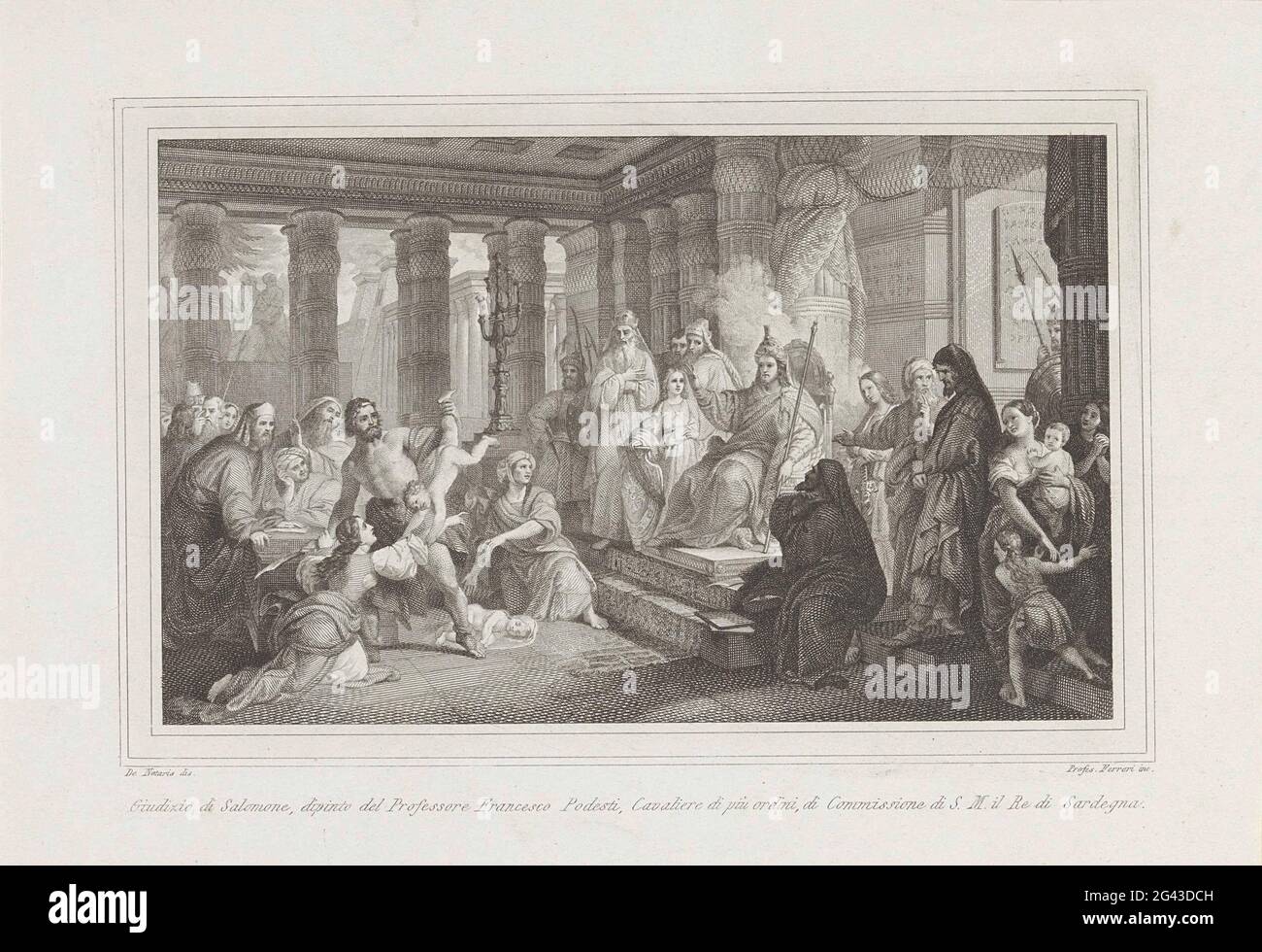Urteil Salomos. König Salomo sitzt auf seinem Thron und urteilt über einen  Streit zwischen zwei Prostituierten, die beide ein Kind erhielten. Das tote  Kind ist für Salomo auf dem Boden, das noch