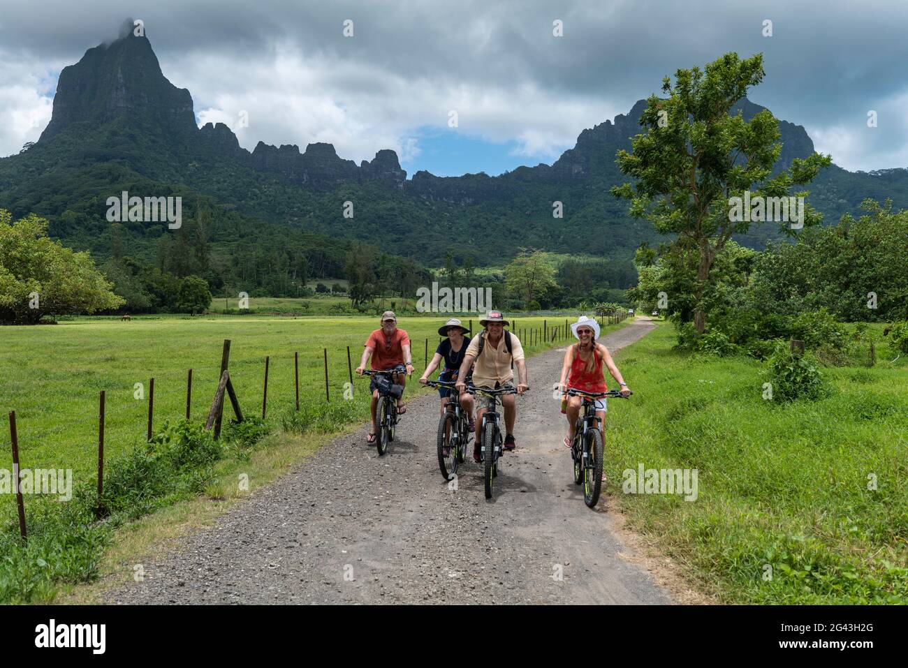 Zwei Paare genießen eine Radtour in das Innere der Insel mit dem Berg Tohivea dahinter, Moorea, den Windward Islands, Französisch-Polynesien und dem Südpazifik Stockfoto