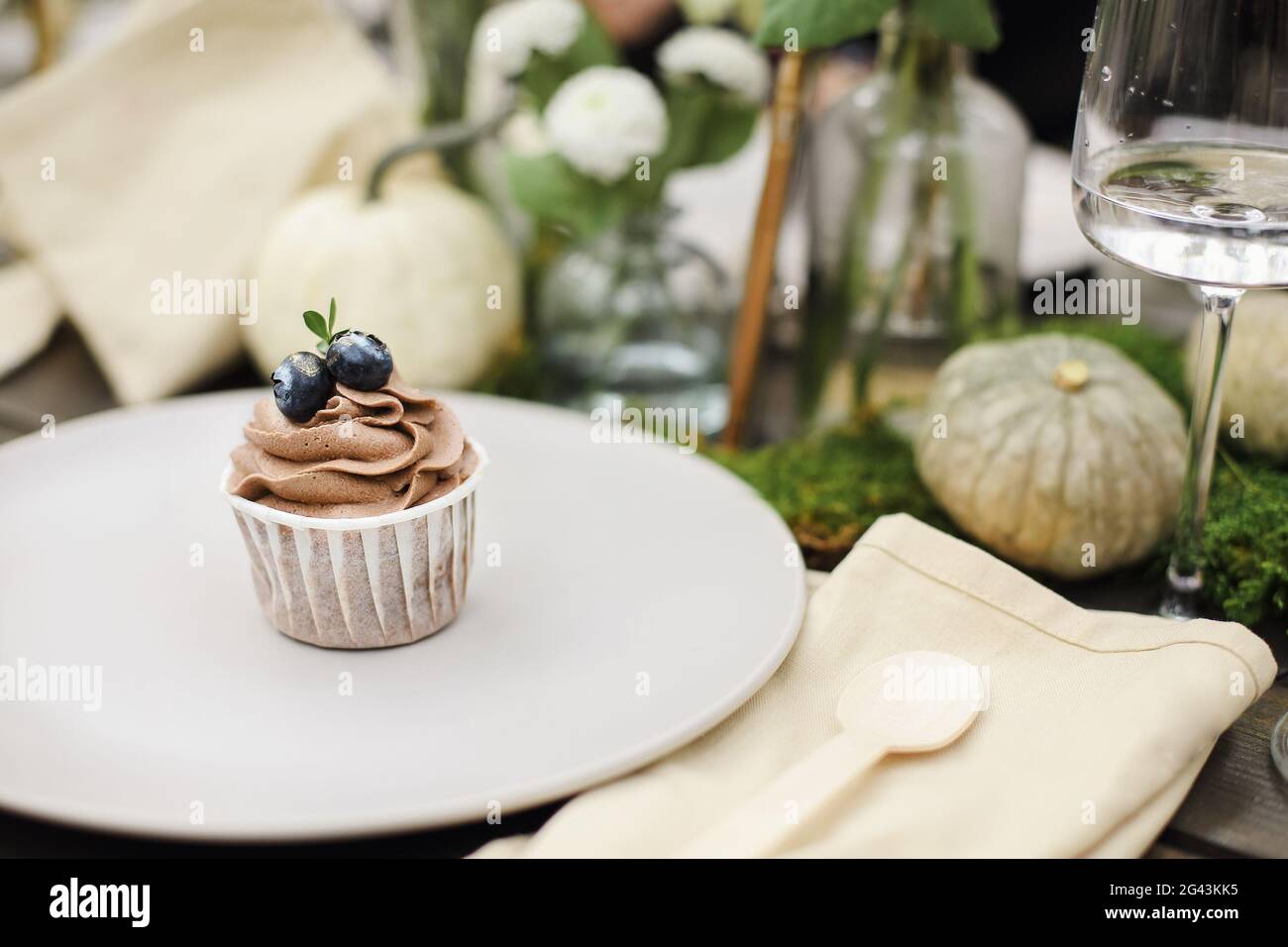 Schokoladen-Cupcake in der Nähe von natürlichen Dekorationen Stockfoto