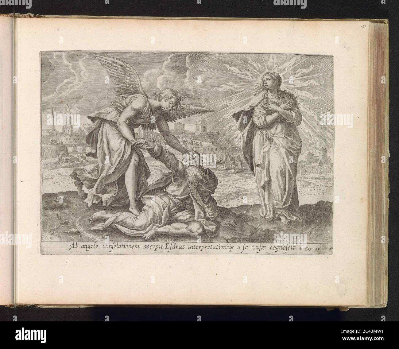 Zweite Vision von Ezra: Ezra getröstet durch den Engel; Visionen von Ezra; Thesaurus Sacrarum HistoriaRu [M] Veteris Testame [N] Ti, Elega [N] Tissimis Imaginibus Expressu [M] Excelle [N] Tissimoru [M] in Hac Arte Viroru [M] Oper: Jetzt [N] C Primu [M] Luce. Der Engel tröstet Ezra und hilft ihm Uriël. Zusätzlich zu Esra seine Vision von der strahlenden Frau Zion. Wenn sie verschwindet, baute Ezras Stadt im Hintergrund. Unter der Show eine Referenz in Latein auf die apokryphen Bibel Text in 4 Esra 10. Dieser Druck ist Teil eines Albums. Stockfoto