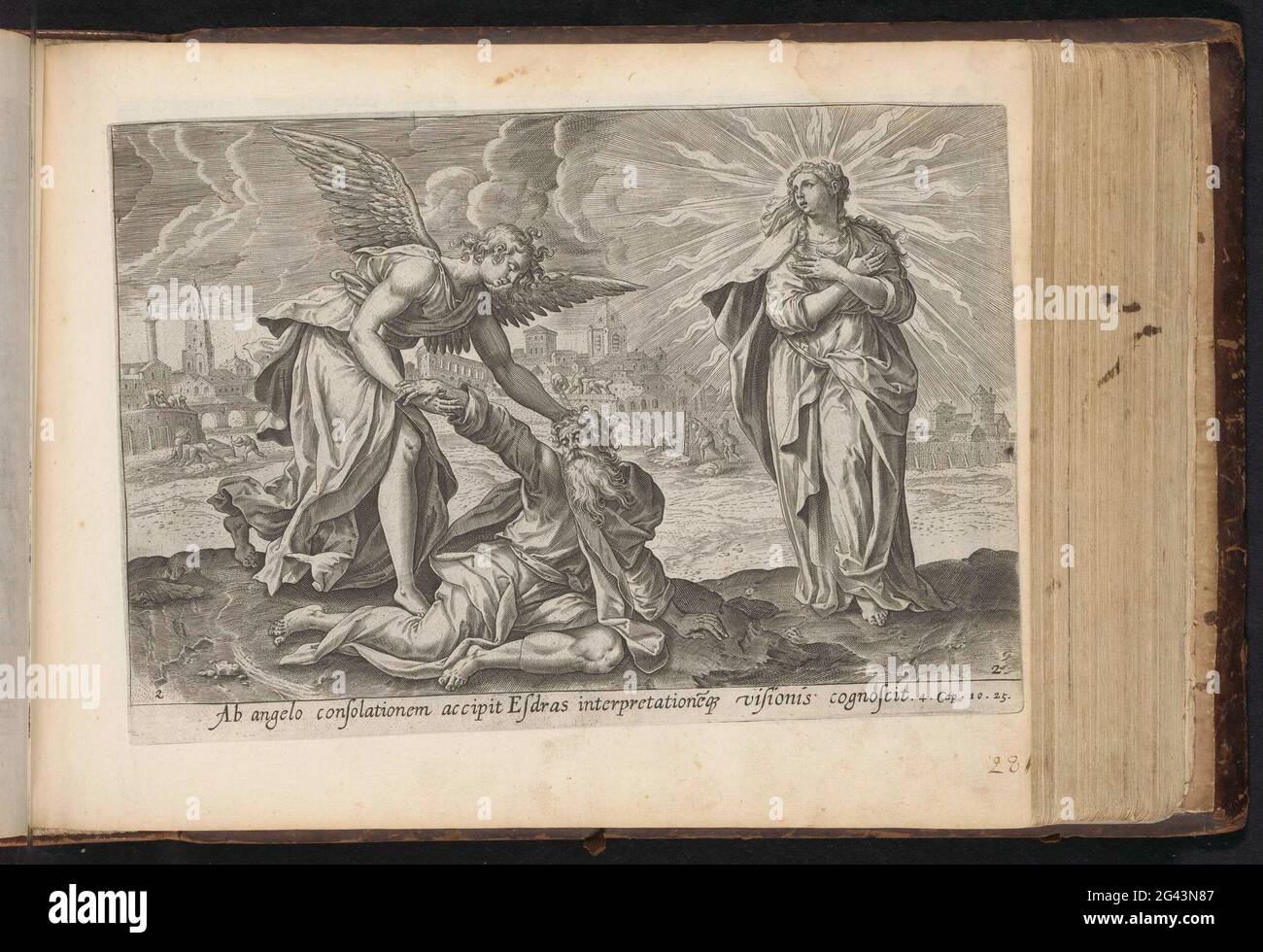 Zweite Vision von Esra: Esra getröstet durch den Engel; Van esdras und nehemias; Visionen von Esra; Den Grooten Figuer Bibel (...). Der Engel tröstet Ezra und hilft ihm Uriël. Zusätzlich zu Esra seine Vision von der strahlenden Frau Zion. Wenn sie verschwindet, baute Ezras Stadt im Hintergrund. Unter der Show eine Referenz in Latein auf die Apokryphen Bibel Text in 4 Esra 10:25. Dieser Druck ist Teil eines Albums. Stockfoto