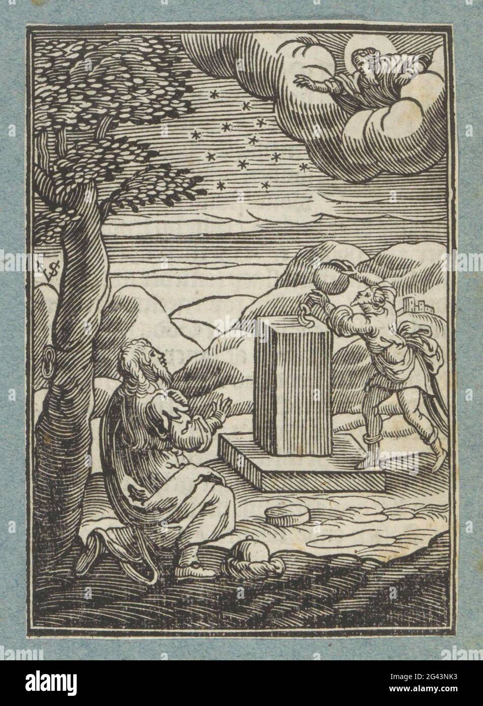 Gottes Bund mit Abraham; Jakob entzündet den Stein, auf dem er schlief. Gott verspricht Abraham ein Kind und zeigt ihm die Sterne, um ihm zu zeigen, wie viele Nachkommen er bekommen wird. Jakob zündet den Stein an, auf dem er schlief. In seinem Traum sah er eine Leiter, die mit Engeln zum Himmel reichte. An der Spitze stand Gott, dass das Land Jakobs Nachkommen, den Israeliten, versprochen hatte. Als Jakob aufwachte, gründete er den Stein und zog ihn mit Öl. Er nannte den Ort betel. Der Druck ist Teil eines Albums. Stockfoto Gottes Bund mit Abraham; Jakob entzündet den Stein, auf dem er schlief. Gott verspricht Abraham ein Kind und zeigt ihm die Sterne, um ihm zu zeigen, wie viele Nachkommen er bekommen wird. Jakob zündet den Stein an, auf dem er schlief. In seinem Traum sah er eine Leiter, die mit Engeln zum Himmel reichte. An der Spitze stand Gott, dass das Land Jakobs Nachkommen, den Israeliten, versprochen hatte. Als Jakob aufwachte, gründete er den Stein und zog ihn mit Öl. Er nannte den Ort betel. Der Druck ist Teil eines Albums. Stockfoto