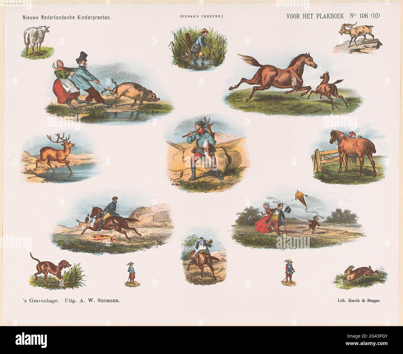 Für das Sammelalbum / (10); Neue holländische Kinderdrucke; Funkes Drucke. Blatt mit 15 Vorstellungen unterschiedlicher Natur, darunter Darstellungen von Tieren, Jägern und einem fliegenden Jungen. Rechts oben nummeriert: Nr. 106. Stockfoto