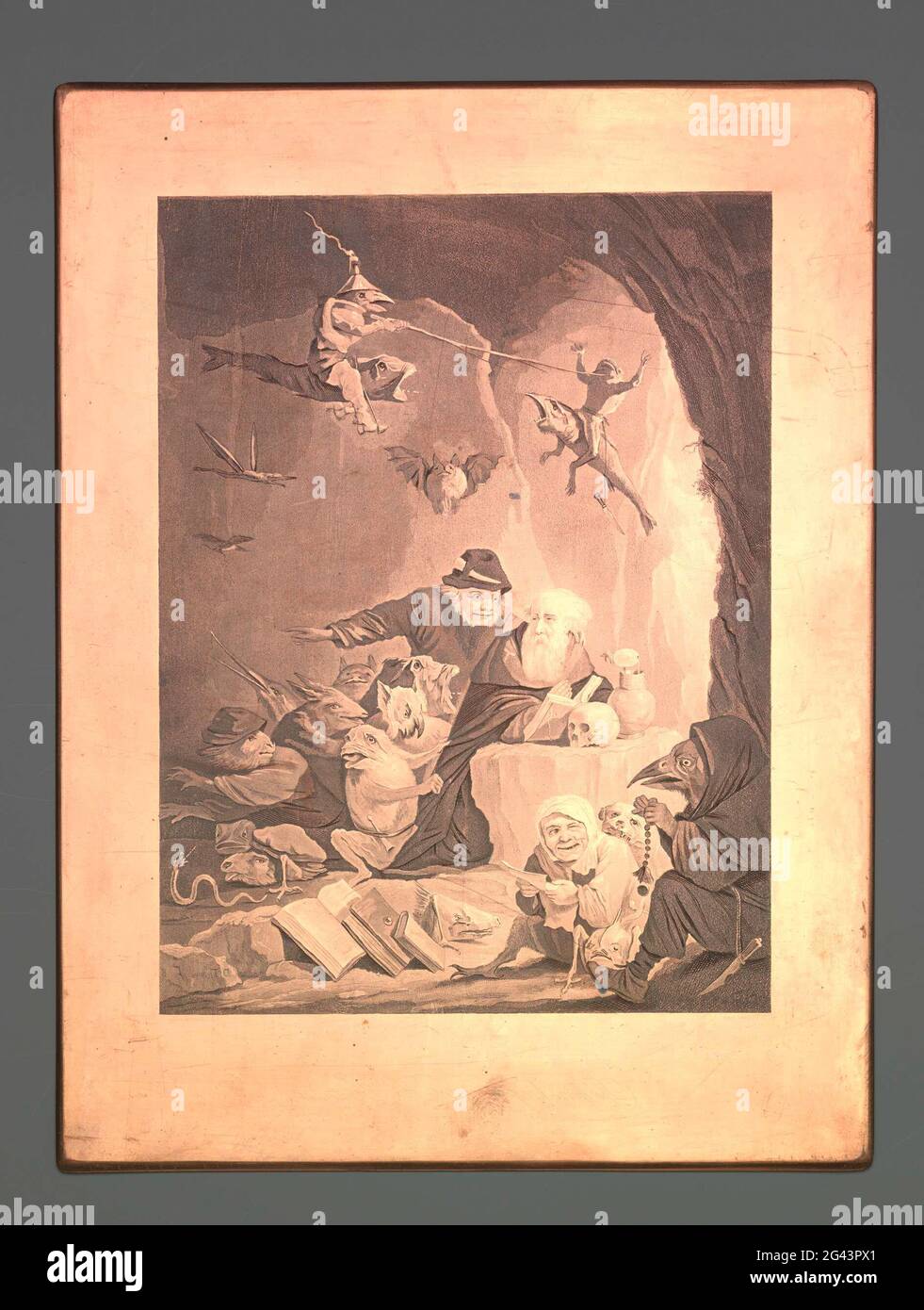 Die Versuchung des H. Antonius. Kupferplatte, graviert, geätzt und mit Aquatinta ausgestattet, mit der Darstellung der Versuchung des heiligen Antonius. Stockfoto