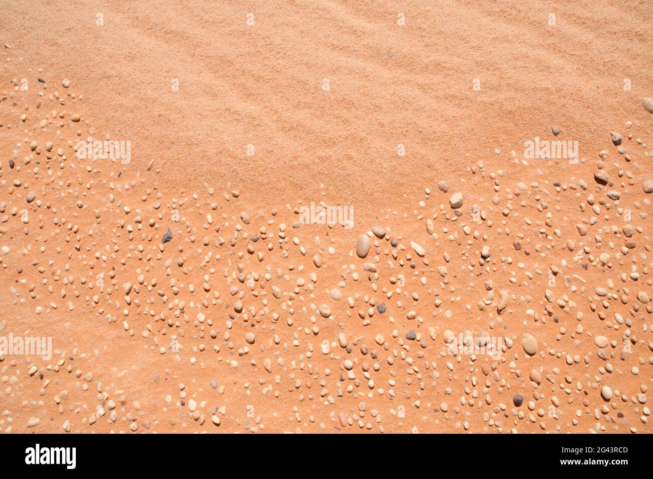 Windgeblasene Sandkräuseln und Kieselsteine, die Teil eines alten Meeresbodens sind, in der westlichen Wüstenregion der Sahara im Südwesten Ägyptens. Stockfoto
