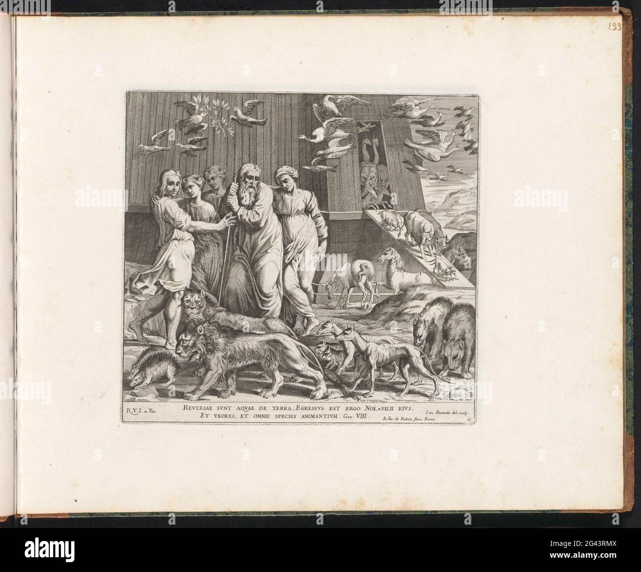 Noah verlässt die Arche nach der Flut; Gemälde in der Loggia von Rafael; Imagins Veteris AC Novi Testamenti; Rafael Bibel. Noah und seine Familie verließen die Arche mit allen Tieren. Bibelverse unter der Show. Print ist Teil eines Albums. Stockfoto