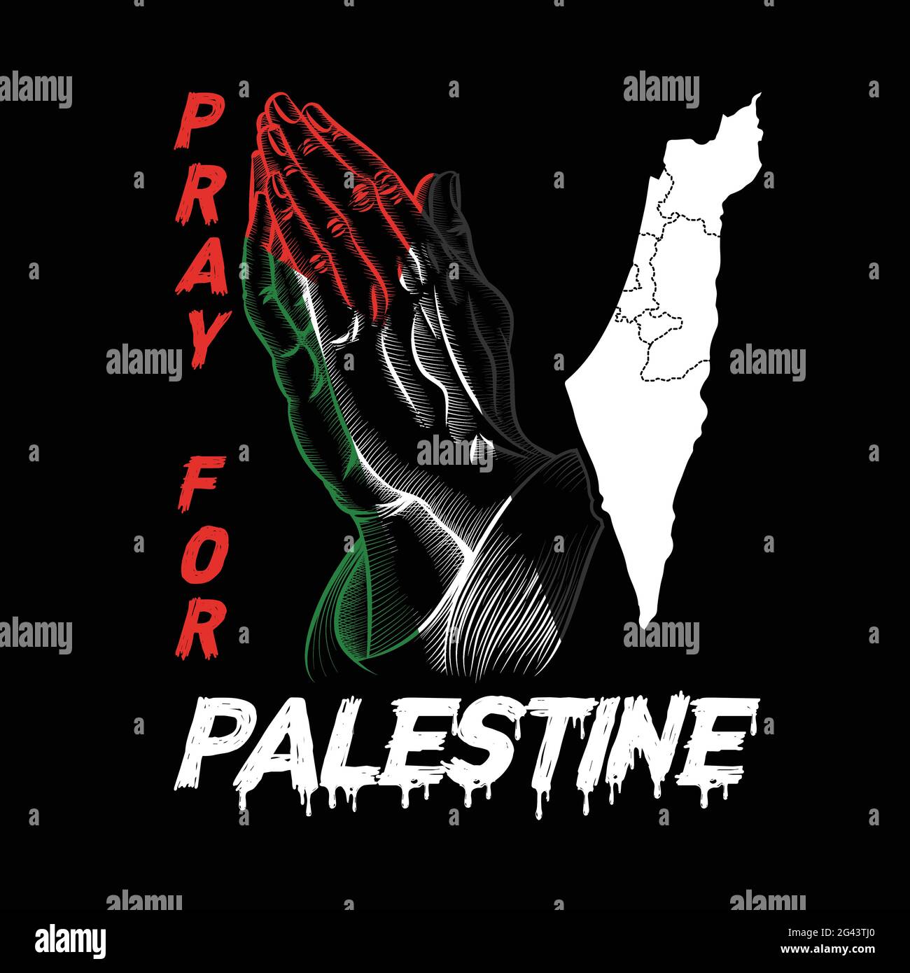 Beten Sie für Palästina mit der Palästina-Karte und dem Vektor-T-Shirt-Design Palästinas. Stock Vektor