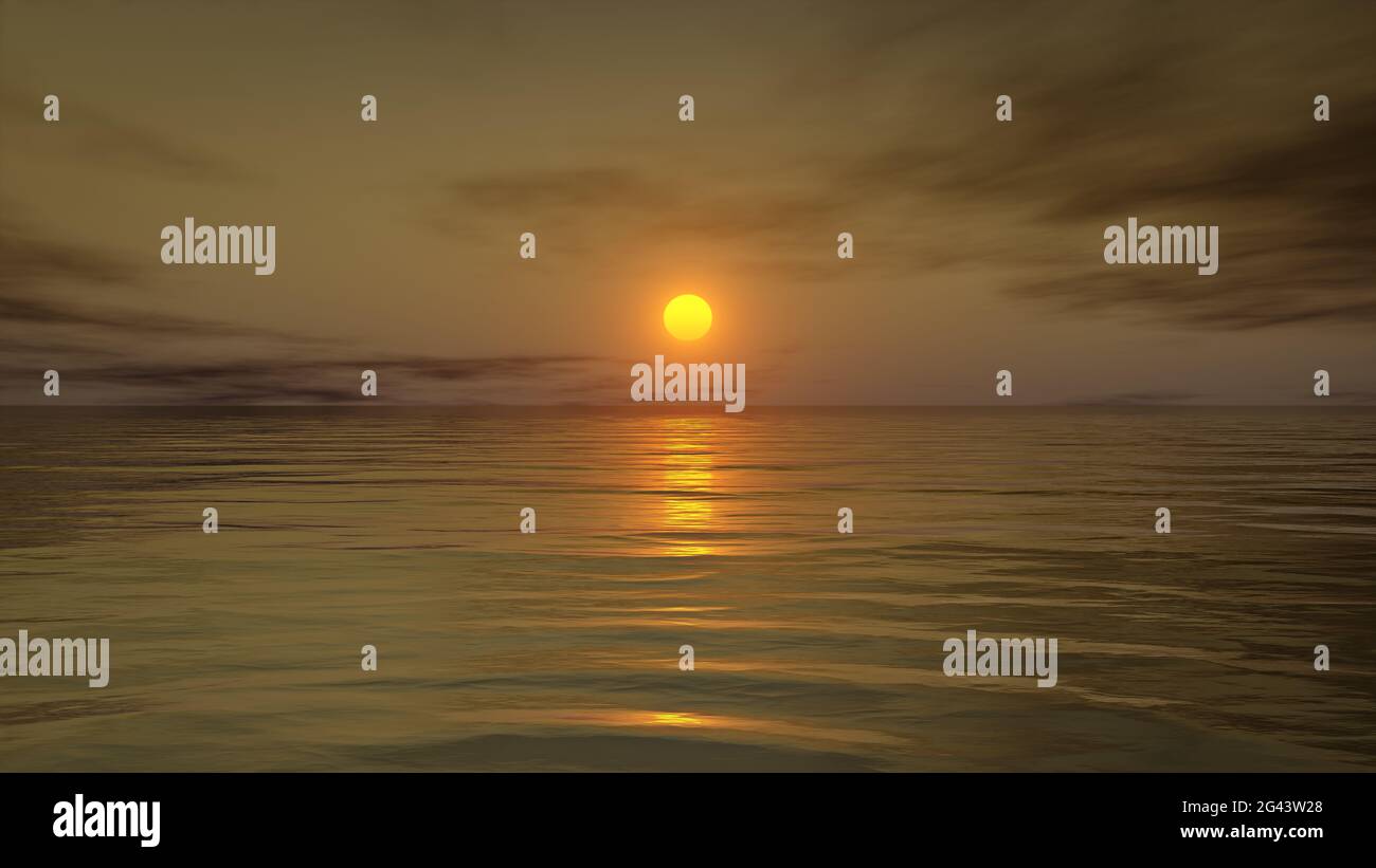 Ein warmer Sonnenuntergang über dem Meerwasser. 3D-Illustration Stockfoto