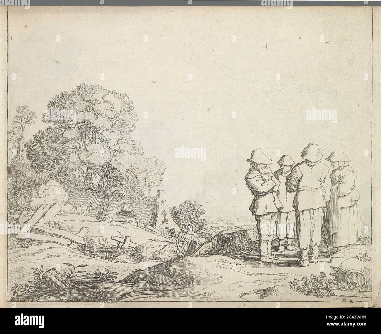Landschaft mit drei Bauern und einem Bauern; Landschaften mit Figuren; Spiegel der Natur und Schule der Kreativität (...). Es gibt drei Bauern und einen Bauern in einem ländlichen Gebiet. Der Druck ist Teil eines Albums. Stockfoto