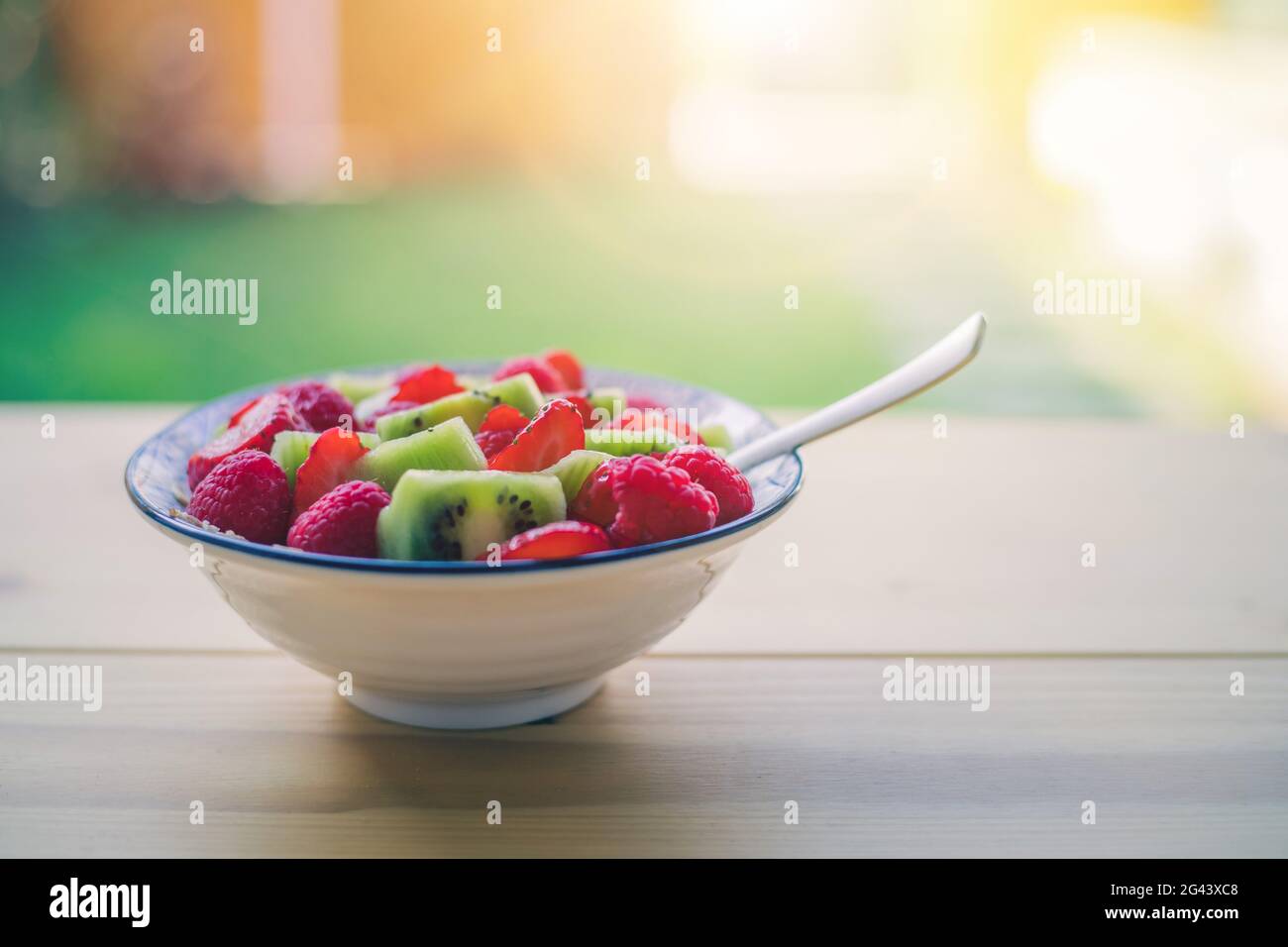 Frühstücksoberschale mit Erdbeeren und Kiwis, Nahaufnahme. Gesunde Lebensweise für Vegetarier. Stockfoto