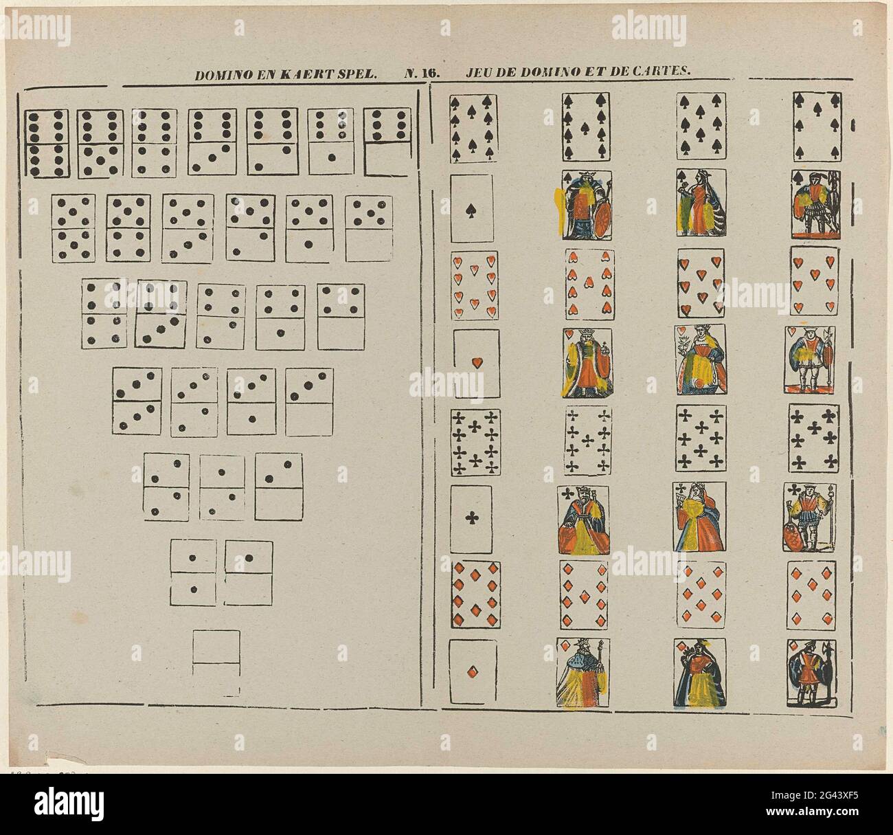 Domino und Kaert Spiel / Jeu de Domino et de Cartes. Blatt mit 32 Spielkarten und 28 Dominosteinen zum Ausschneiden. Oben in der Mitte nummeriert: N 16. Stockfoto