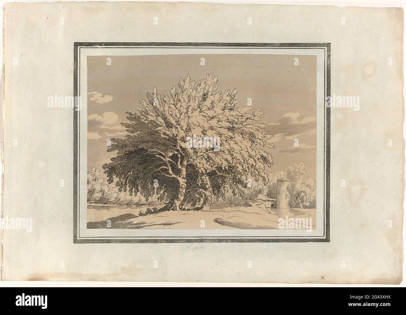 Aspin. Zwei Hirten, die im Schatten eines aspins sitzen, während ihre Schafe weiden, verleihen der Szene eine pastorale Qualität. Die dunkelsten Teile in diesem Druck befinden sich im Schatten, den der Baum wirft. Auch hier hat Cozens subtile Schwankungen in der Intensität erzeugt, indem er einige Bereiche mit Konturen rendert, während andere im Schatten mit fließenden Skizzenlinien dargestellt werden. Stockfoto