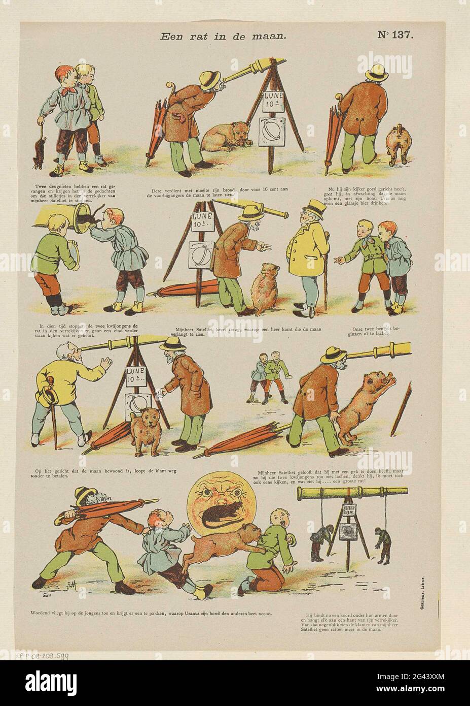 Eine Ratte im Mond. Blatt mit 9 Leistungen über zwei kwajongens, die eine Ratte in einem Teleskop stoppen. Ein Mann, der auf den Mond schaut, denkt, dass es Leben auf dem Mond gibt. Unter jedem Bild eine Beschriftung. Rechts oben nummeriert: Nr. 137. Stockfoto