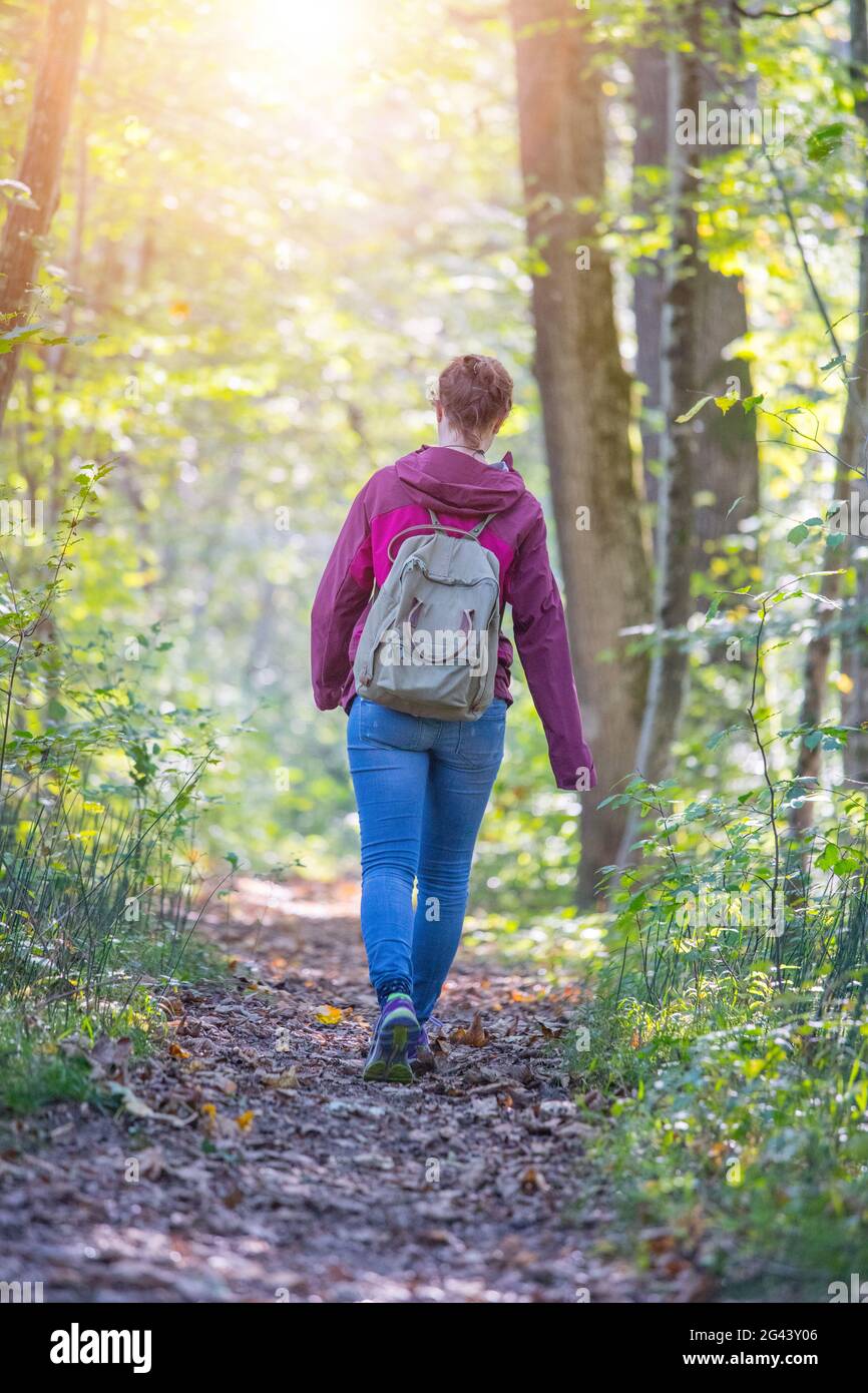 Holen Sie sich den Geist frei und Waldtherapie-Konzept: Junges Mädchen wandert durch den grünen Wald Stockfoto