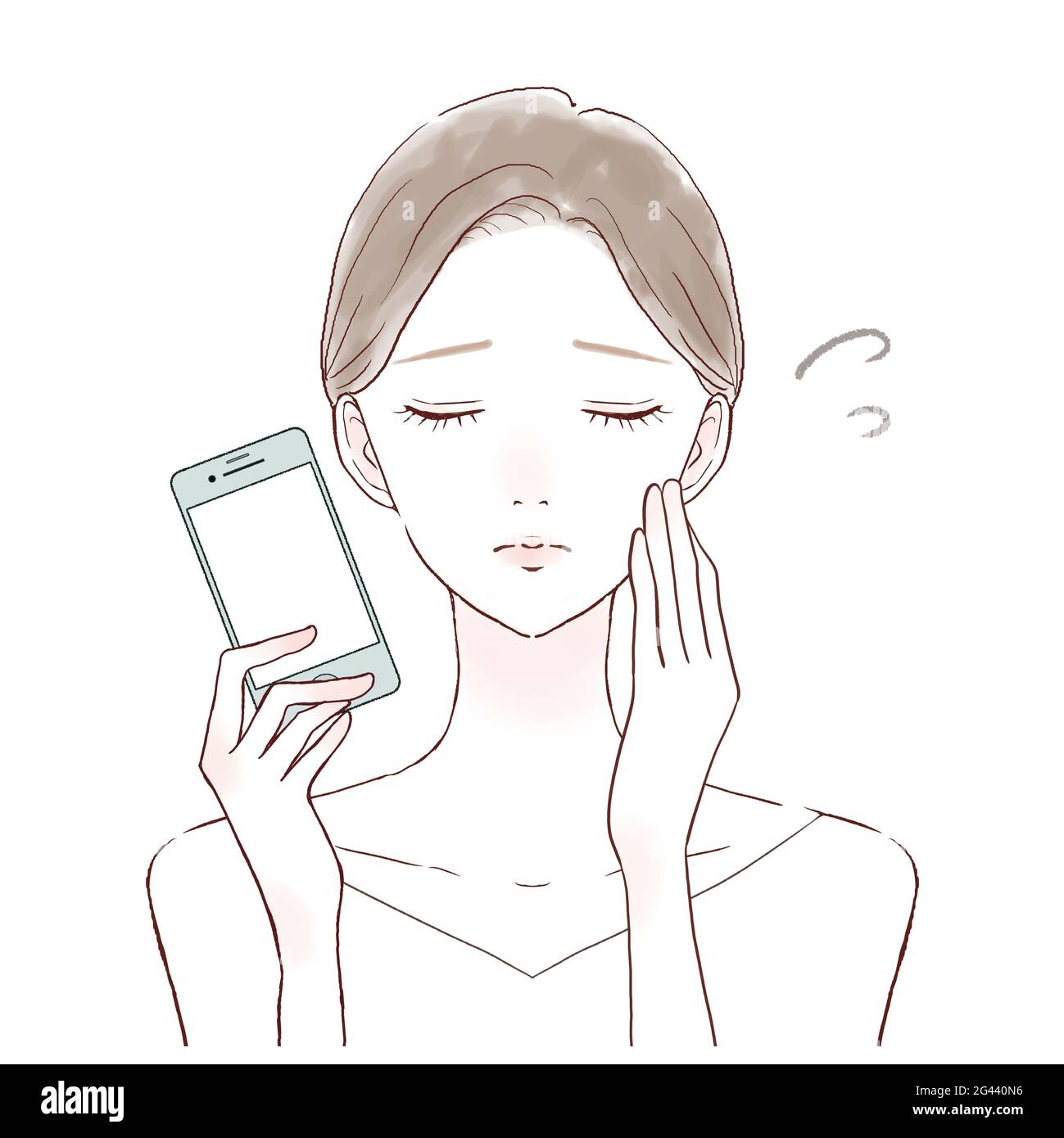 Es ist eine Frau, die ein Smartphone hat. Ich habe einen unruhigen Ausdruck. Stockfoto