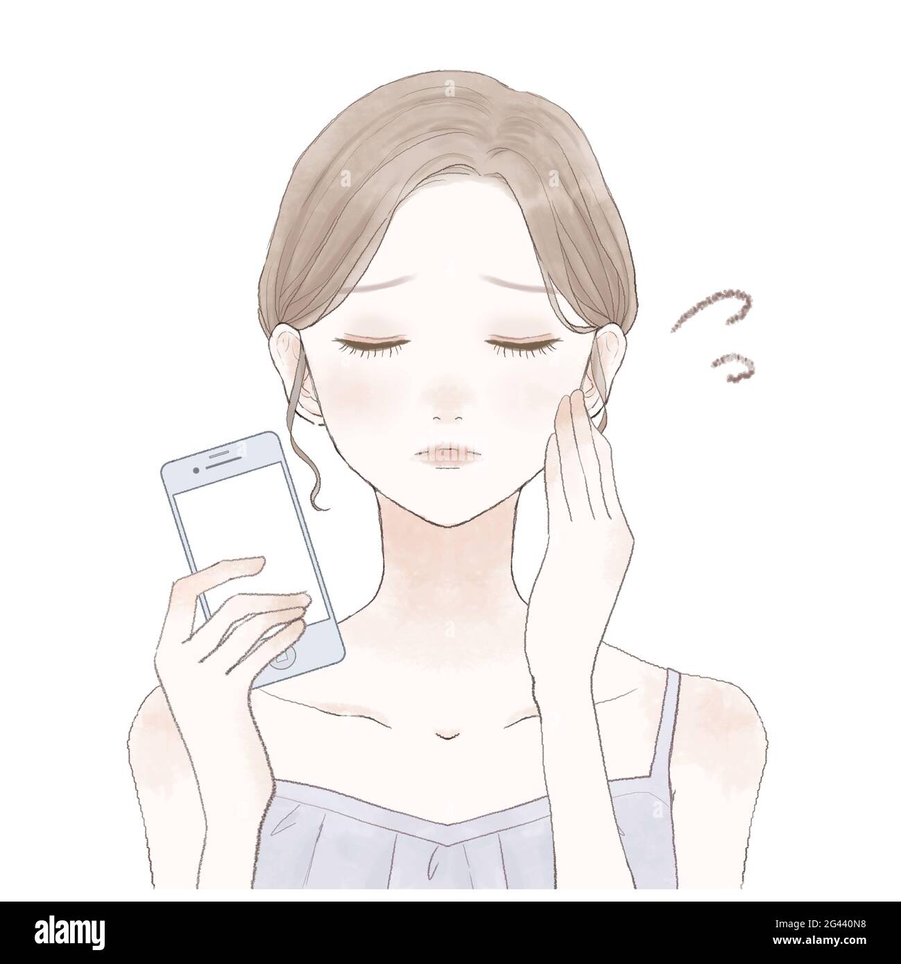 Es ist eine Frau, die ein Smartphone hat. Ich habe einen unruhigen Ausdruck. Stockfoto