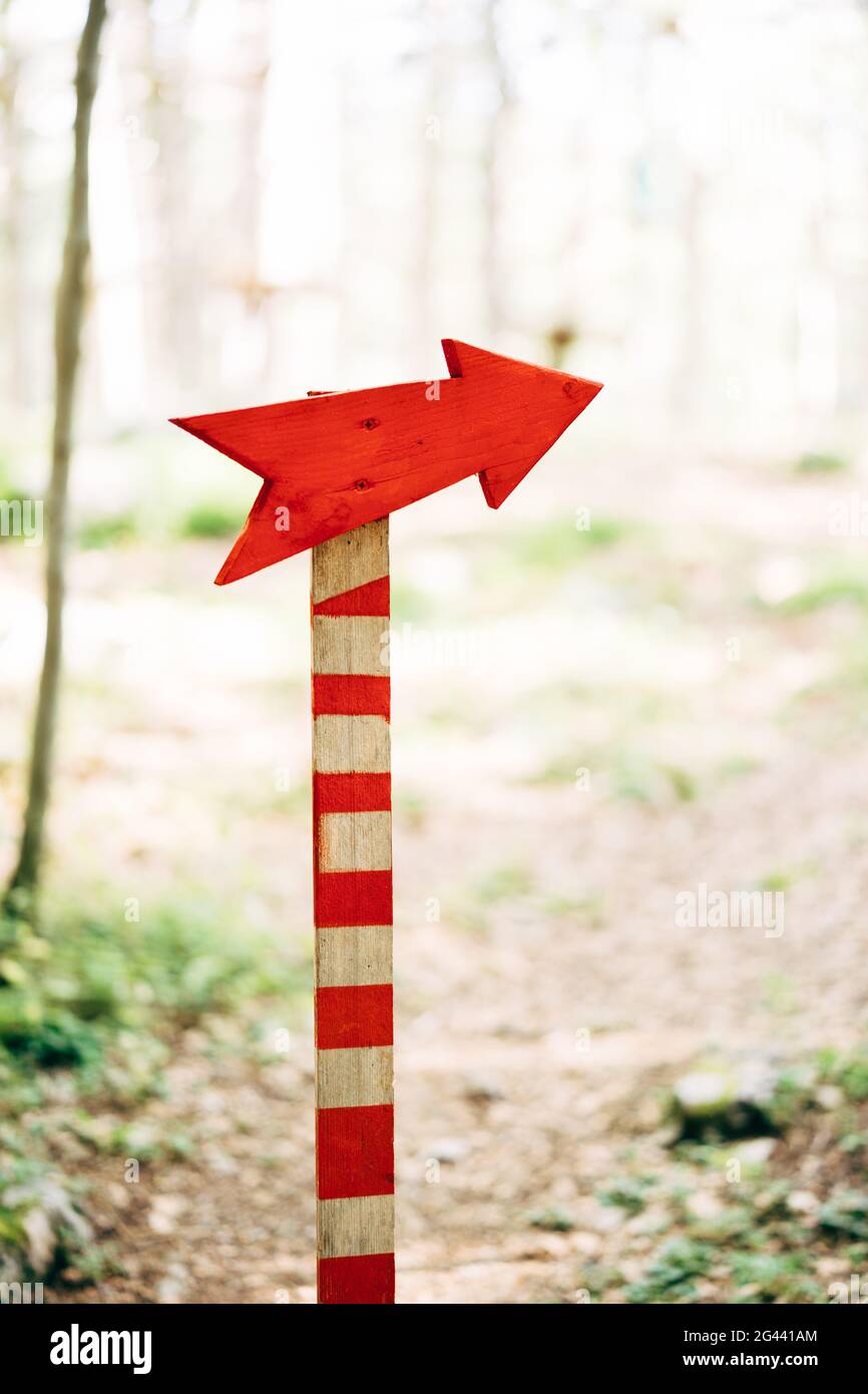 Roter, blank beschilderter Wegweiser auf weiß gestreifter Säule im Wald Stockfoto