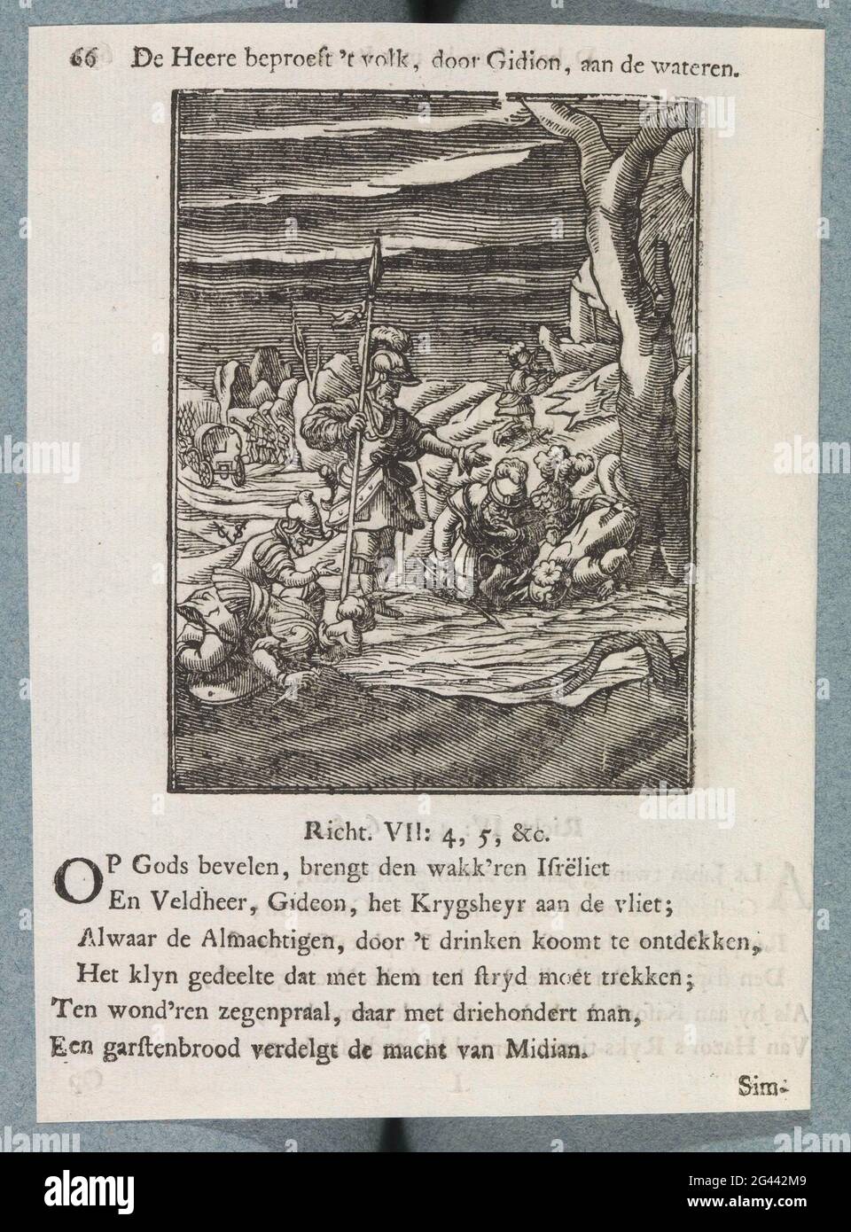 Und der HERR prüft das Volk bei Gidion bis an die Wasser. Gideon hat seine Männer zum Wasser gebracht und sie trinken lassen. Wer mit der Zunge das Wasser leckt, nimmt am Kampf Teil. Die Männer, die knien, um das Wasser zu trinken, werden nach Hause geschickt. Über dem einen Titel anzeigen. Es gibt sechs neue Regeln und einen Verweis auf Richter 7: 4-5. Der Druck ist Teil eines Albums. Stockfoto